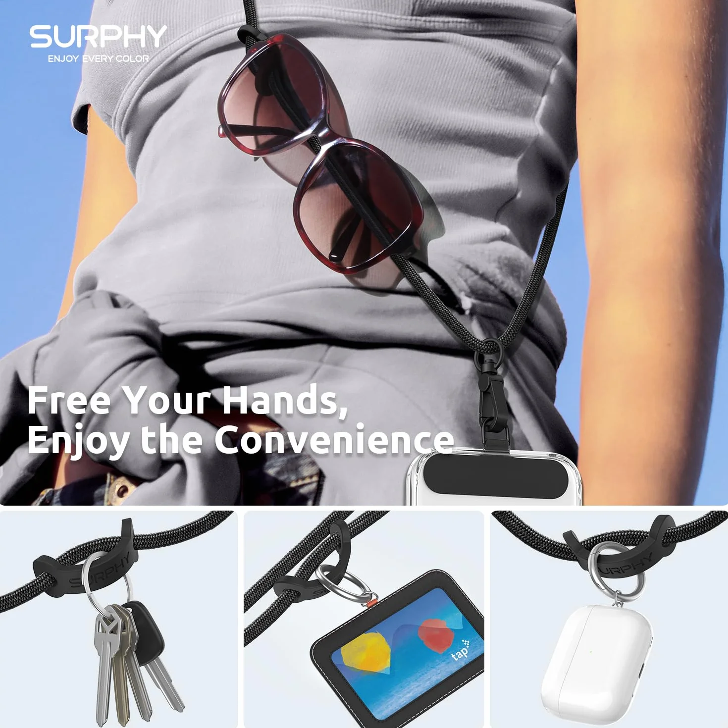 SURPHY Uniwersalna Smycz, Regulowany Pasek do Telefonu Komórkowego, Kolorowy dla Wszystkich Smartfonów, Smycz kompatybilna z Etui na Telefon Airpods, Pamięć USB