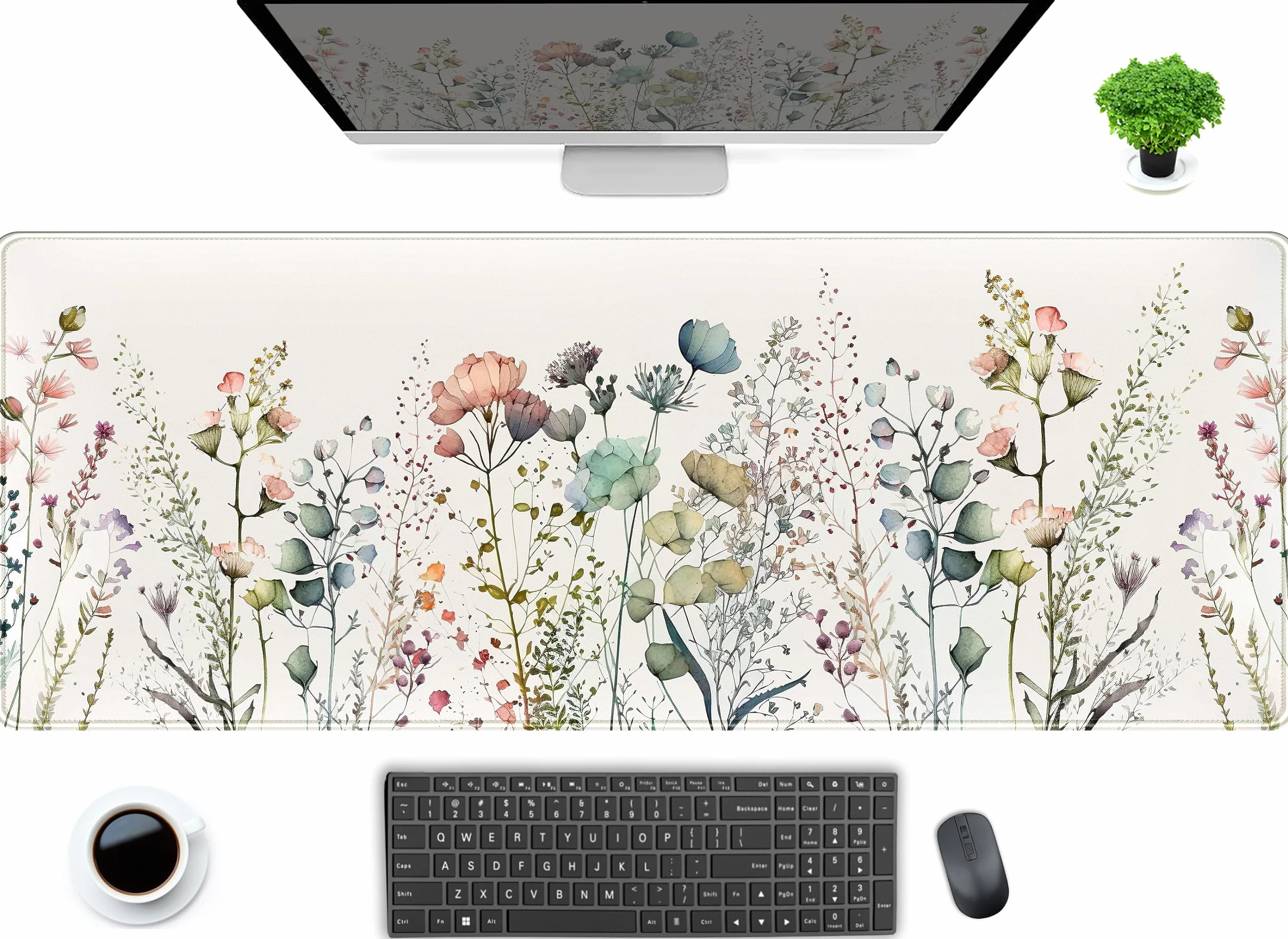 Urocza podkładka na biurko z dzikimi kwiatami, estetyka boho, XL, duża rozszerzona podkładka gamingowa z obszytymi krawędziami, 80 × 30 cm, mata pod mysz i klawiaturę do laptopa, dla kobiet, dekoracja