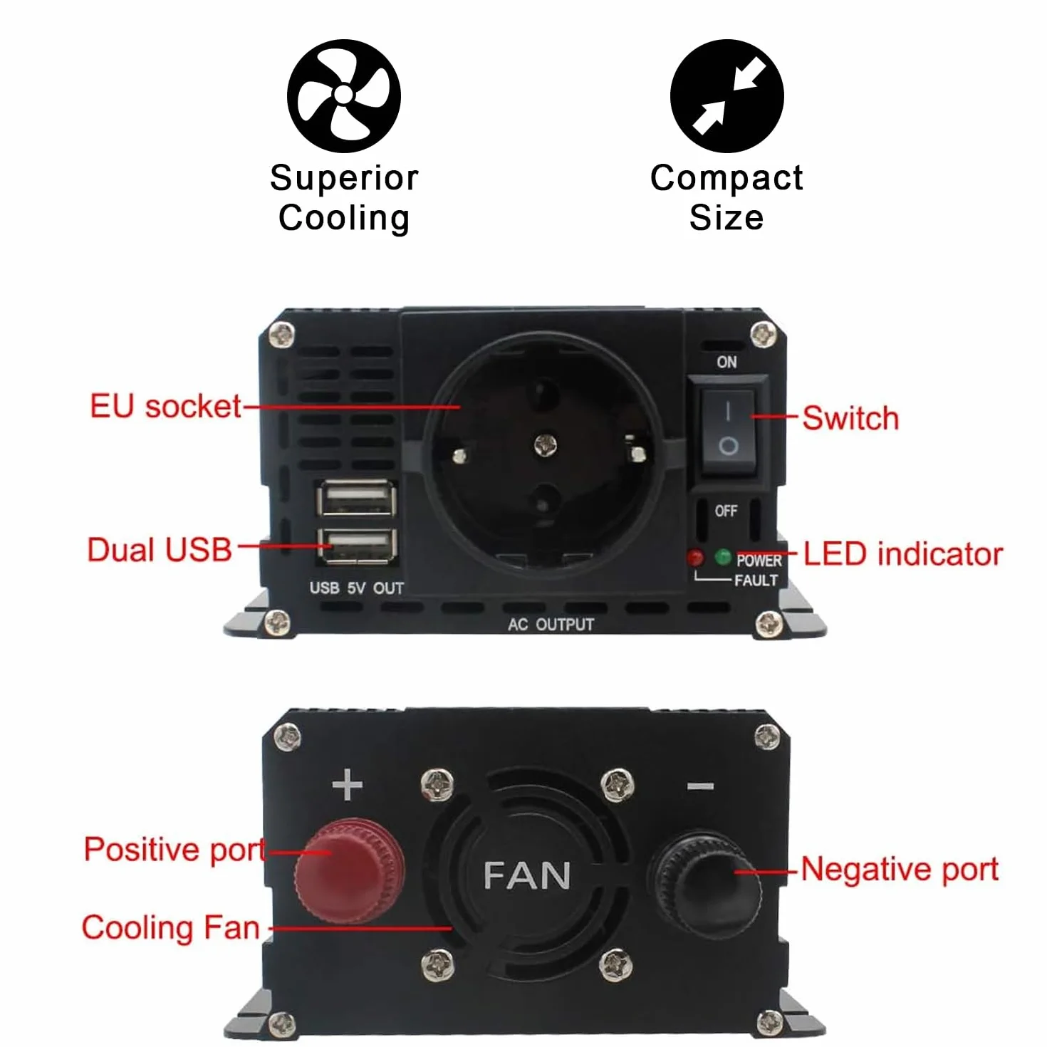 Yinleader Przetwornica napięcia 1200 W/2400 W 12 V 230 V falownik Dual USB Power Inverter z 1 gniazdem i wyświetlaczem LCD, do samochodu, przyczepy kempingowej, łodzi, na kemping, w podróży