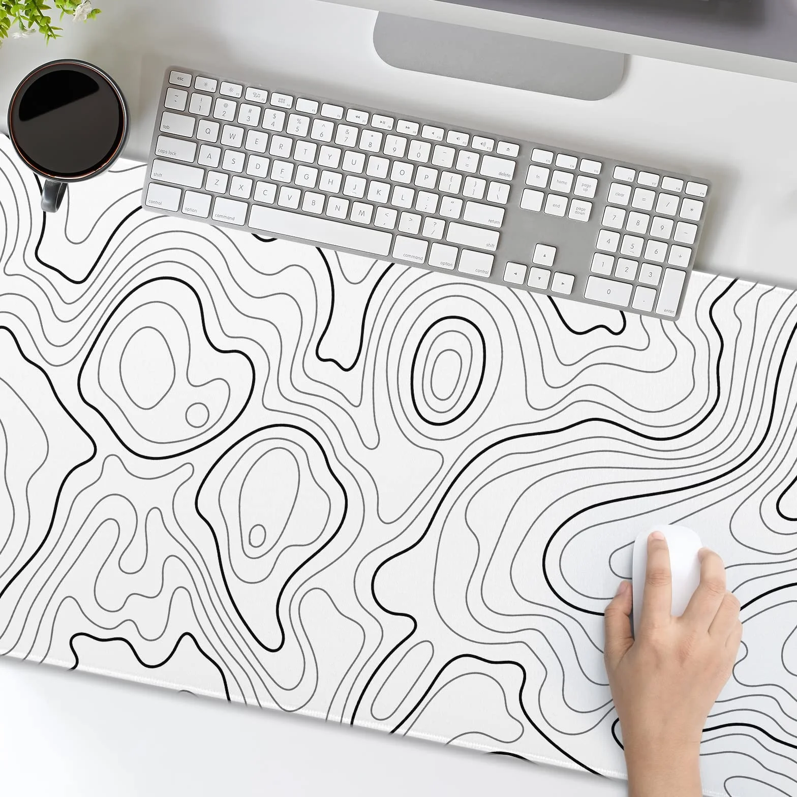Biała topograficzna podkładka pod mysz do gier 80 x 40 cm XXL geograficzne linie mapy pełna podkładka pod mysz rozszerzona duża antypoślizgowa gumowa podkładka pod klawiaturę z przeszytymi krawędziami
