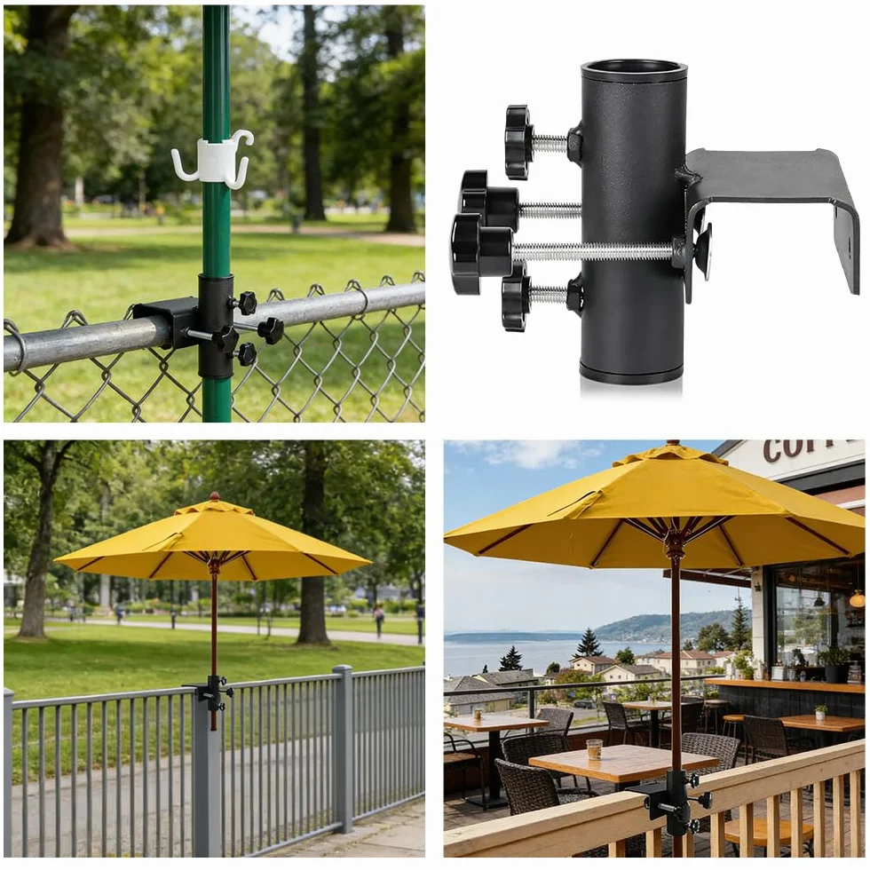 Uchwyt na parasol przeciwsłoneczny, balustrada balkonowa, z haczykami, stabilny metalowy uchwyt na parasol, poręcz balkonowa, regulowana rura parasola Ø 23 ~ 38 mm