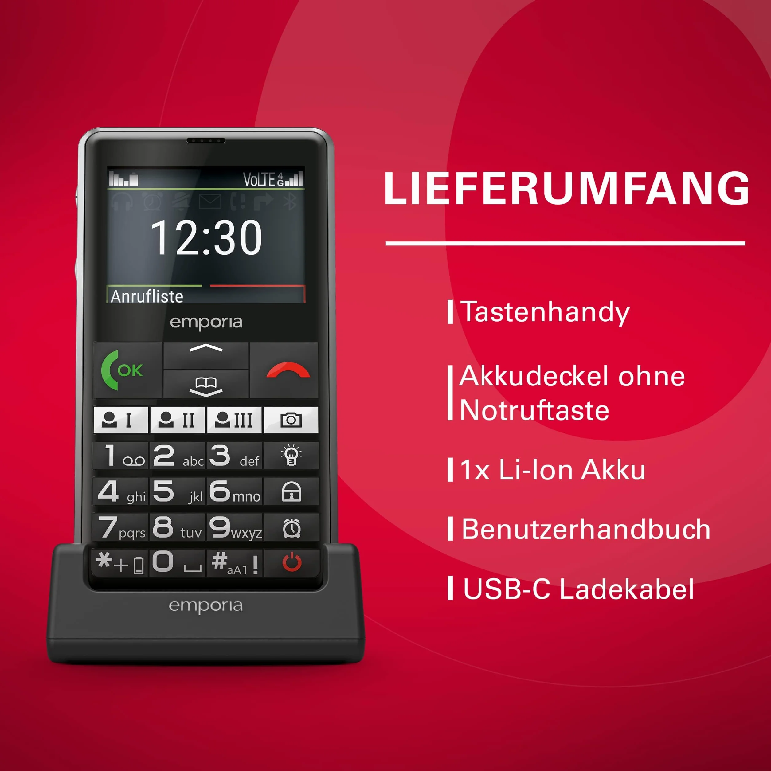 emporia PURE-LTE, telefon komórkowy dla seniorów 4G, telefon komórkowy z przyciskami bez umowy, telefon komórkowy z przyciskiem alarmowym, czarny