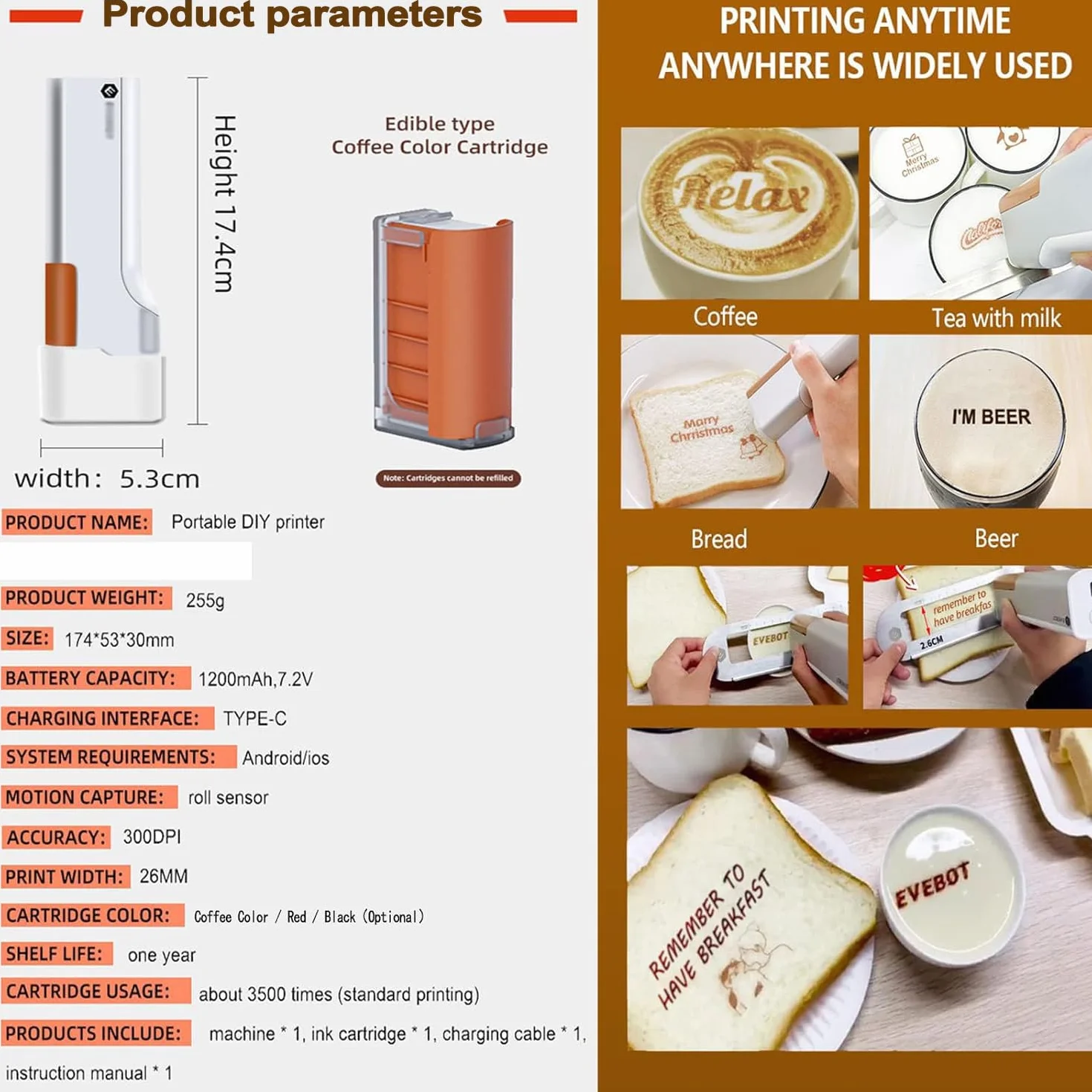 Przenośny jadalny długopis atramentowy,nadruk logo i wzoru,drukarka do kawy,drukarka do latte art,cyfrowy długopis atramentowy do zdjęć selfie(Brown)