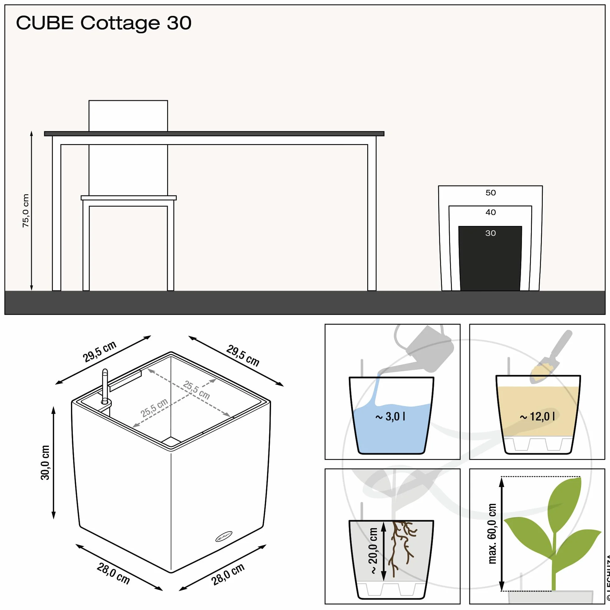 Lechuza Donica Cube Cottage 30 Grafitowy Czarny