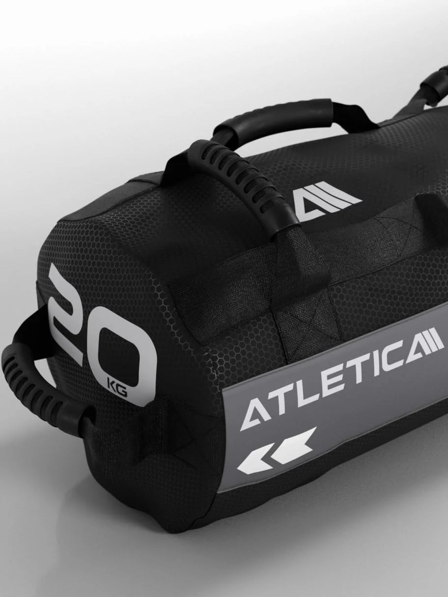 Atletica Worek na piasek 20 kg, worek do treningu funkcjonalnego całego ciała, wytrzymały nylon Cordura, 7 uchwytów
