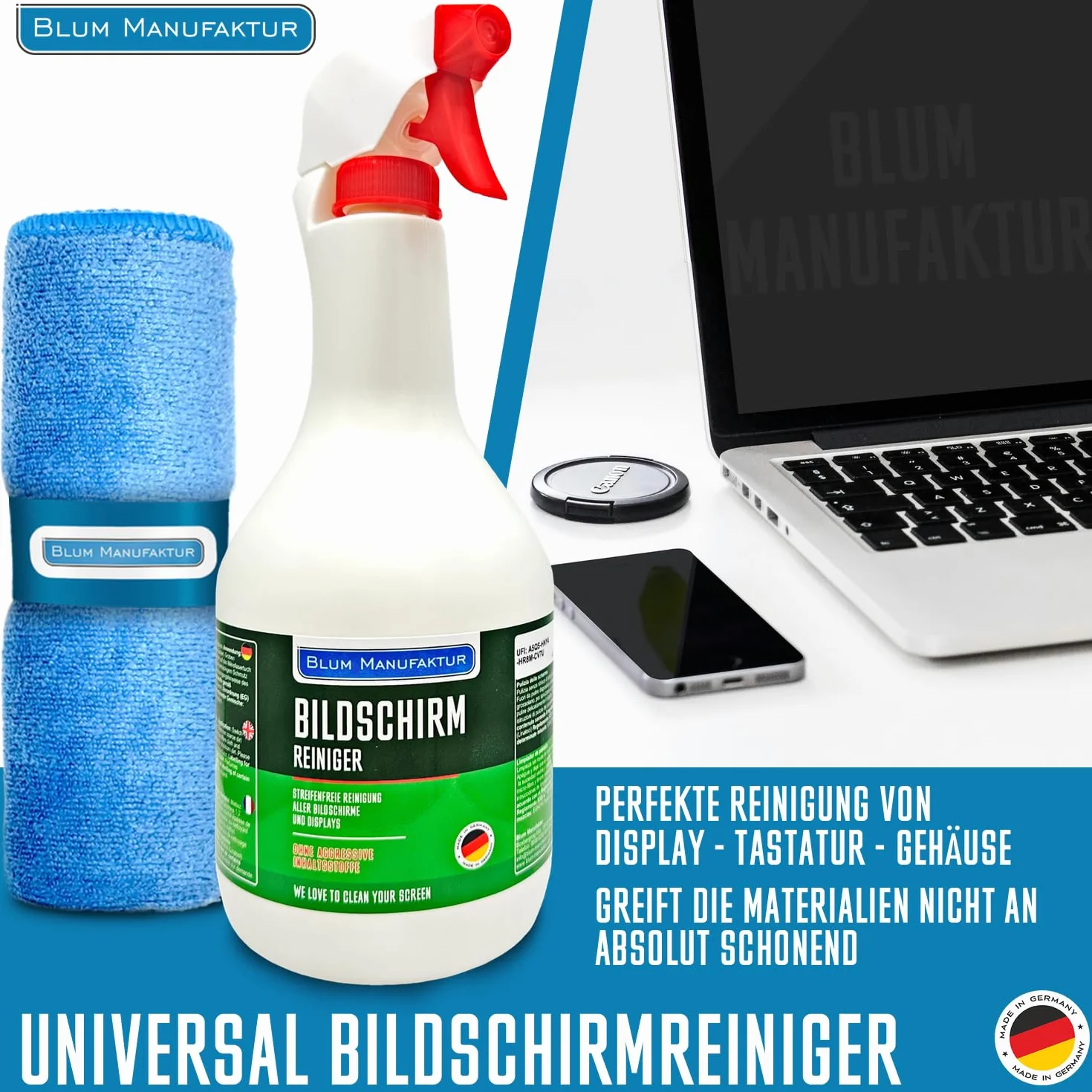 BLUM MANUFAKTUR Środek do czyszczenia ekranu 1 x 1000 ml + 30 x 30 cm ściereczka z mikrofibry super miękka 365 GSM - Screen Cleaner - środek do czyszczenia wyświetlacza