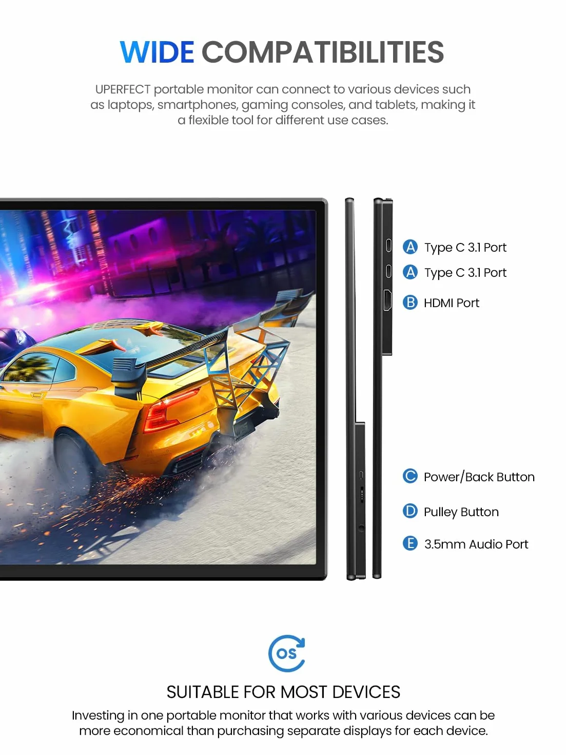 UPERFECT 54,6 cm (21,5") 120Hz QLED Monitor z ekranem dotykowym przenośny, 125% SRGB 2000:1 Wyświetlacz matowy 1080P z regulowanym uchwytem 180° USB C HDMI dla laptopa/konsoli do gier/smartfona/PC