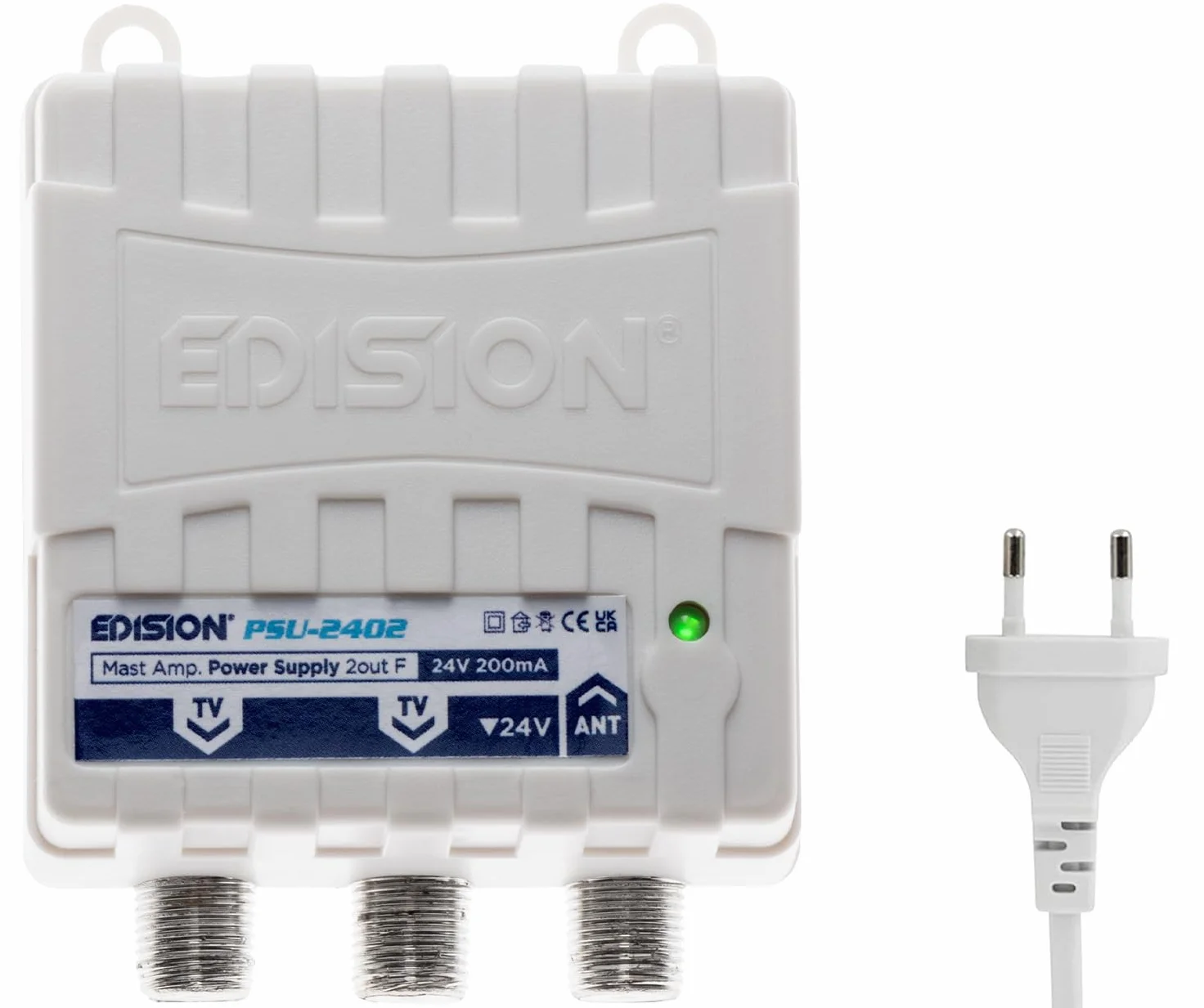 EDISION PSU-2402 wzmacniacz słupkowy anteny telewizyjnej ze złączem F, DC 24 V 200 mA, częstotliwością 5-862 MHz, 1 wejście, 2 wyjściami