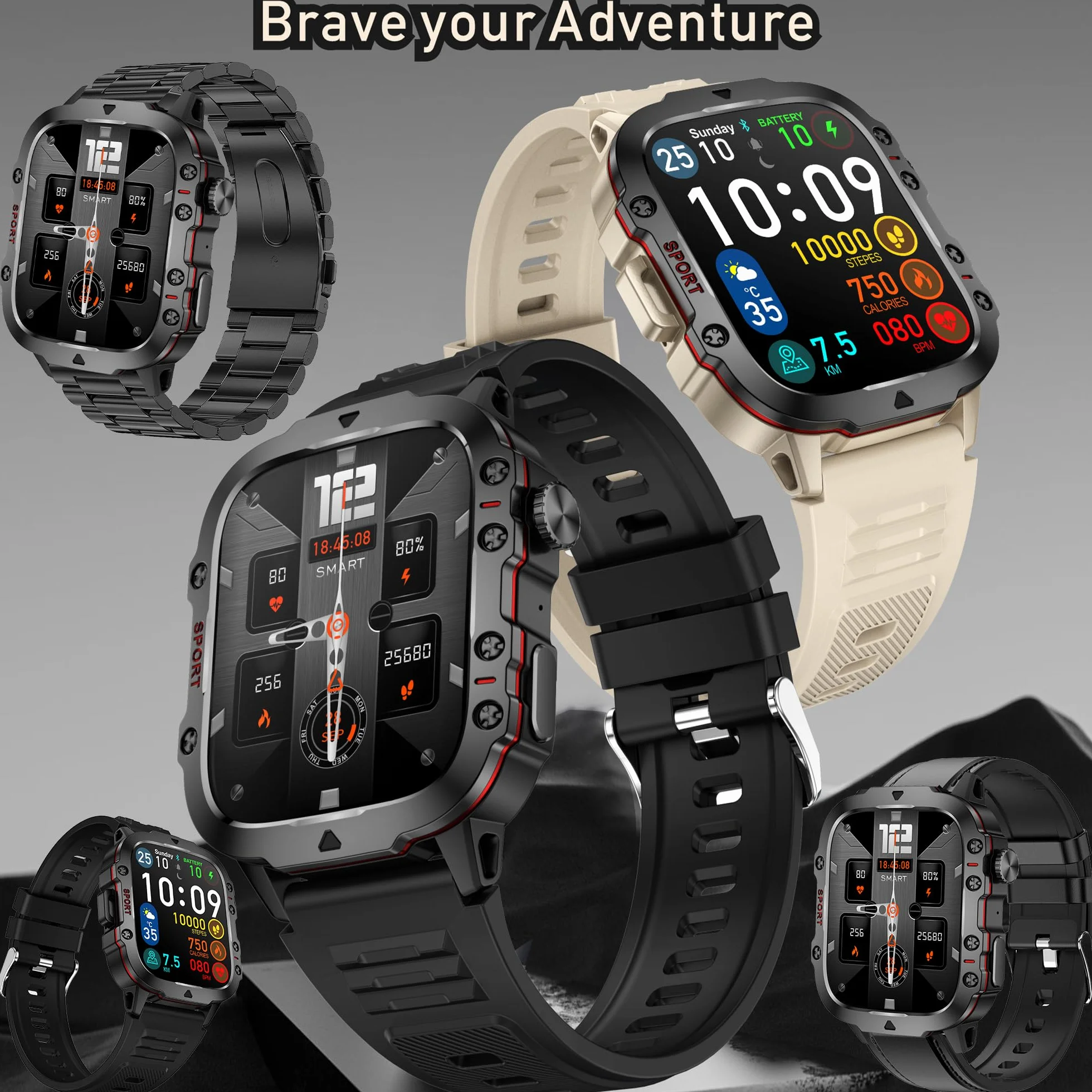Smartwatch męski z funkcją telefonu, 5 ATM, wodoszczelny 1,96" HD zegarek sportowy z Bluetooth i połączeniami telefonicznymi, monitor tętna, monitorem snu, krokomierzem