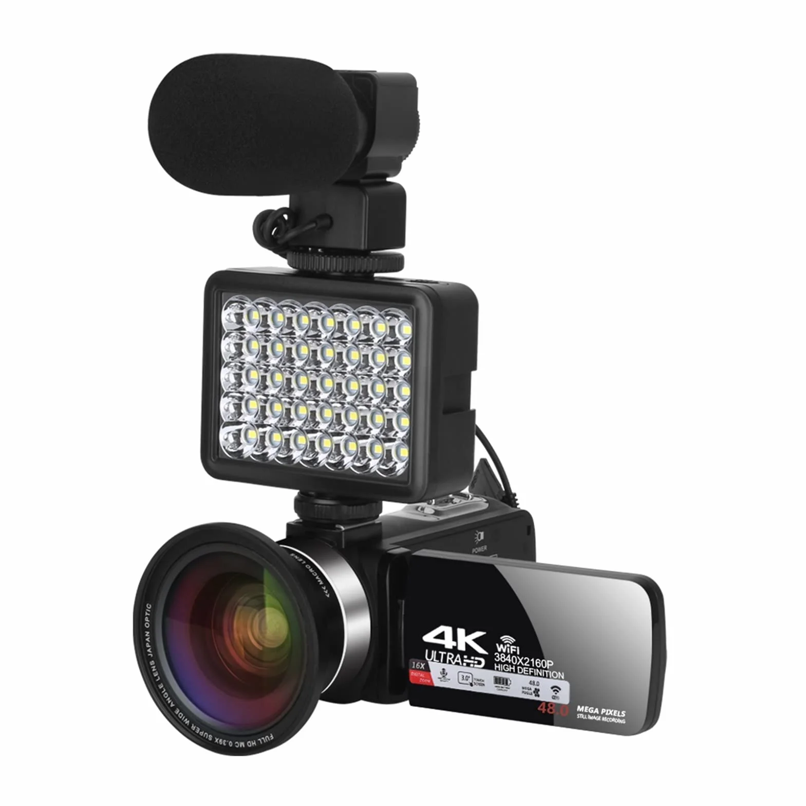 Kamera Wideo, 4K Ultra HD Kamera wideo do kamery vlogowania WIFI RECORDER Wbudowany światło 4 8MP 3.0 Cal 16x aparaty cyfrowe(Standard,Purple)