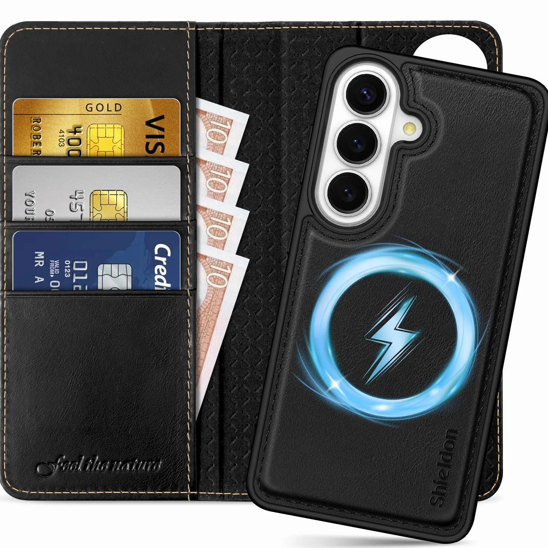 SHIELDON Prawdziwa Skóra Etui z Odpinanym Portfelem do Galaxy S26 6,3 cala, Magnetyczne ładowanie Bezprzewodowe, Blokada RFID, Uchwyt na Kartę, Podpórka, Klapka Odporna na Wstrząsy – Retro Czarne