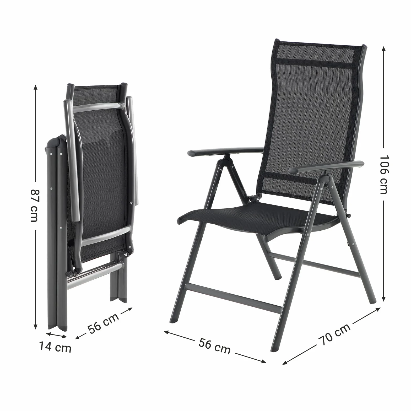 SONGMICS Krzesła ogrodowe, zestaw 4 sztuk, krzesła składane, krzesła outdoorowe z wytrzymałym stelażem aluminiowym, 8-stopniowa regulacja, obciążenie do 120 kg, czarne GCB30BK