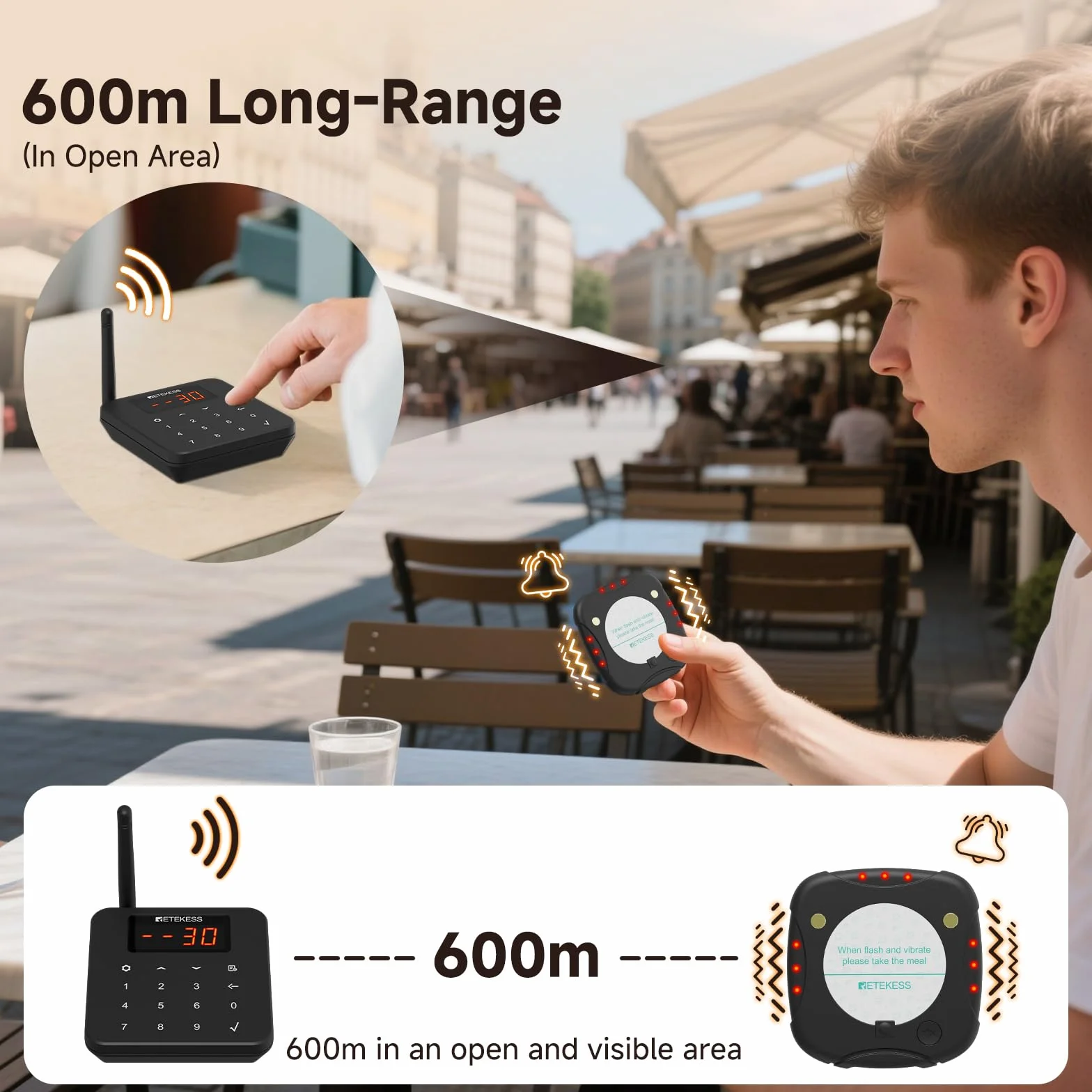 Retekess TD186 Bezprzewodowy System Przywoławczy, 30 Pagerów | Do Duża Restauracja, Klub, Największa 600M, Konstrukcja Antyprzewrotna, 300 mAh 24H, 64 Tryby Przypomnień, Plug and Play