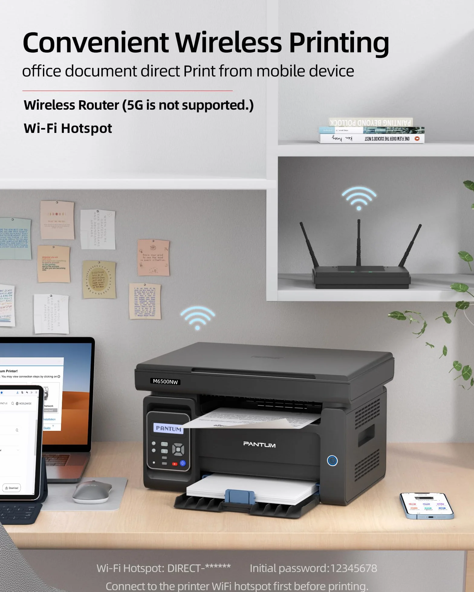 Wielofunkcyjna drukarka laserowa PANTUM M6500NW WiFi，Drukarka laserowa mono, Ethernet/bezprzewodowa/USB 2.0, Drukarka/Kopiarka/Skaner Ręczny dupleks czarno-biały dla małego biura domowego，22 str./min