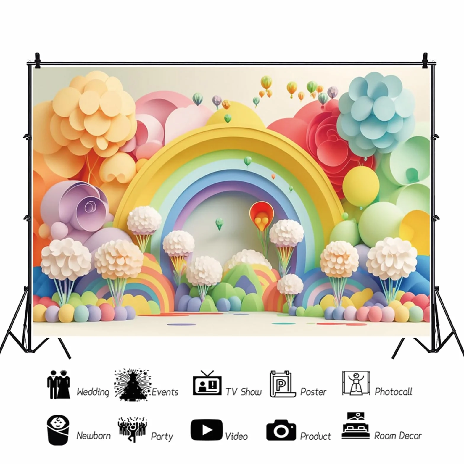 YongFoto Tło urodzinowe dla dzieci 4,5 x 3 m, kwiat balon na gorące powietrze, tęczowa girlanda, tło fotograficzne dla dzieci, noworodka, baby shower, przyjęcie, ciasto, stół, baner, tapeta, sesja