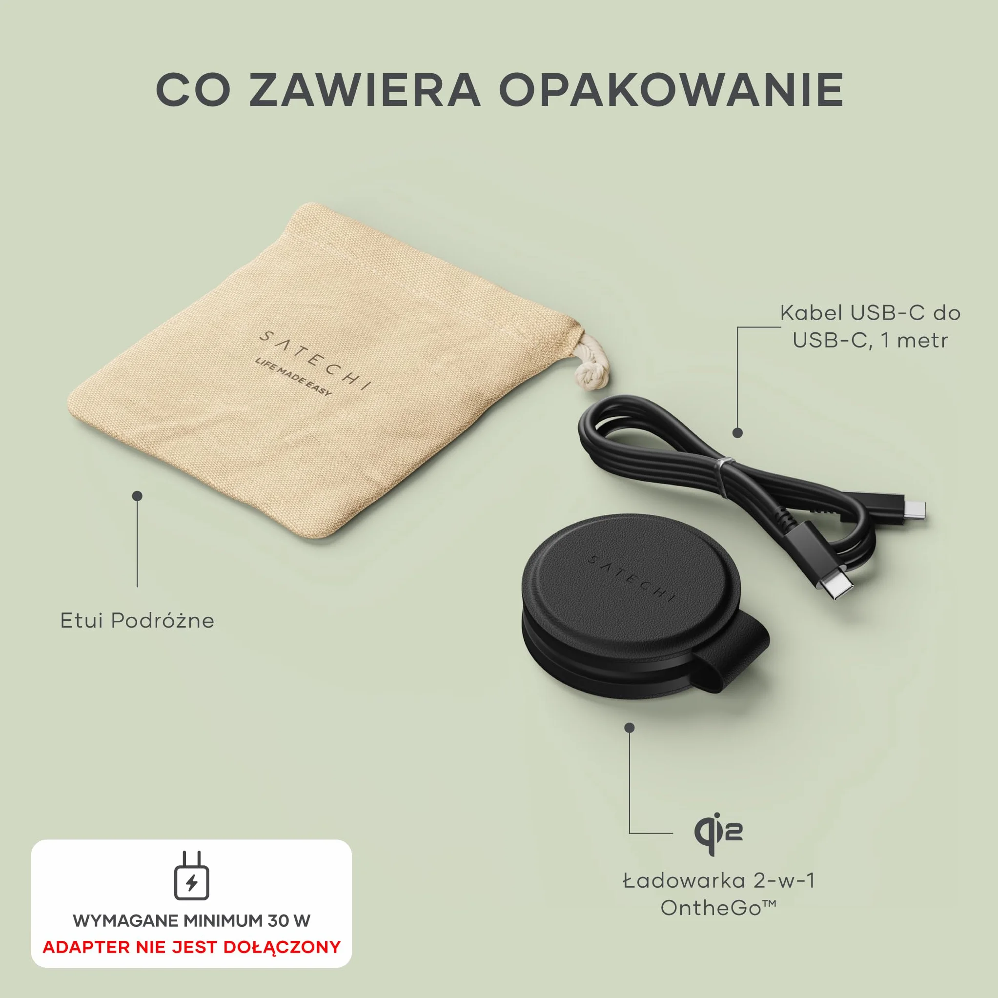 SATECHI składana ładowarka Qi2 OntheGo™ 2 w 1, 15 W, czarna | 15 W dla iPhone’a, 5 W dla Apple Watch i AirPods; zasilacz USB-C nie jest dołączony – wymagany min. 30 W