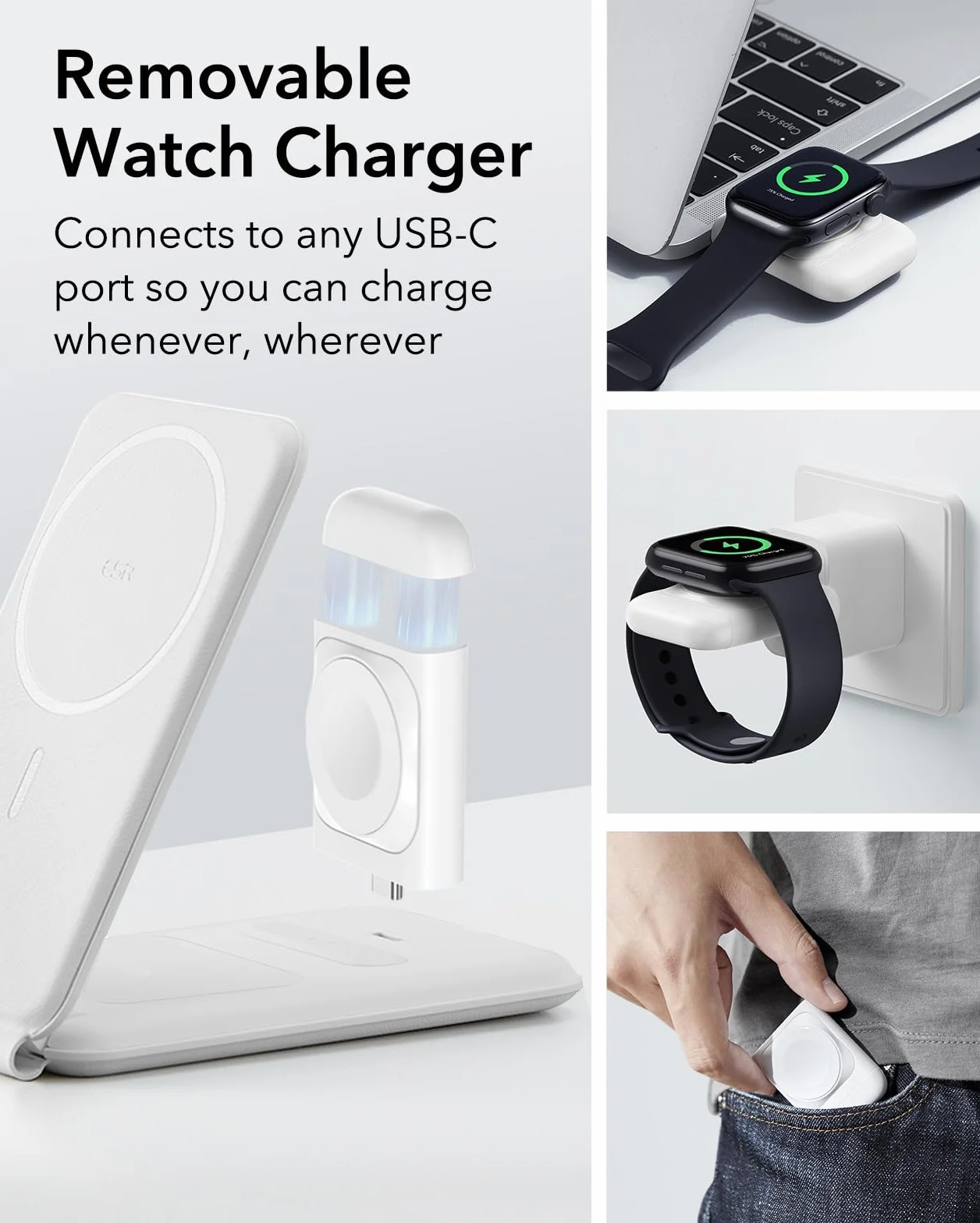 ESR Przenośna stacja ładująca 3 w 1, Apple Watch i iPhone, iPhone z certyfikatem Apple Watch, ładowarka Magsafe do iPhone 15/14/13/12, Apple Watch 9/8/7/SE, AirPods Pro/3/2