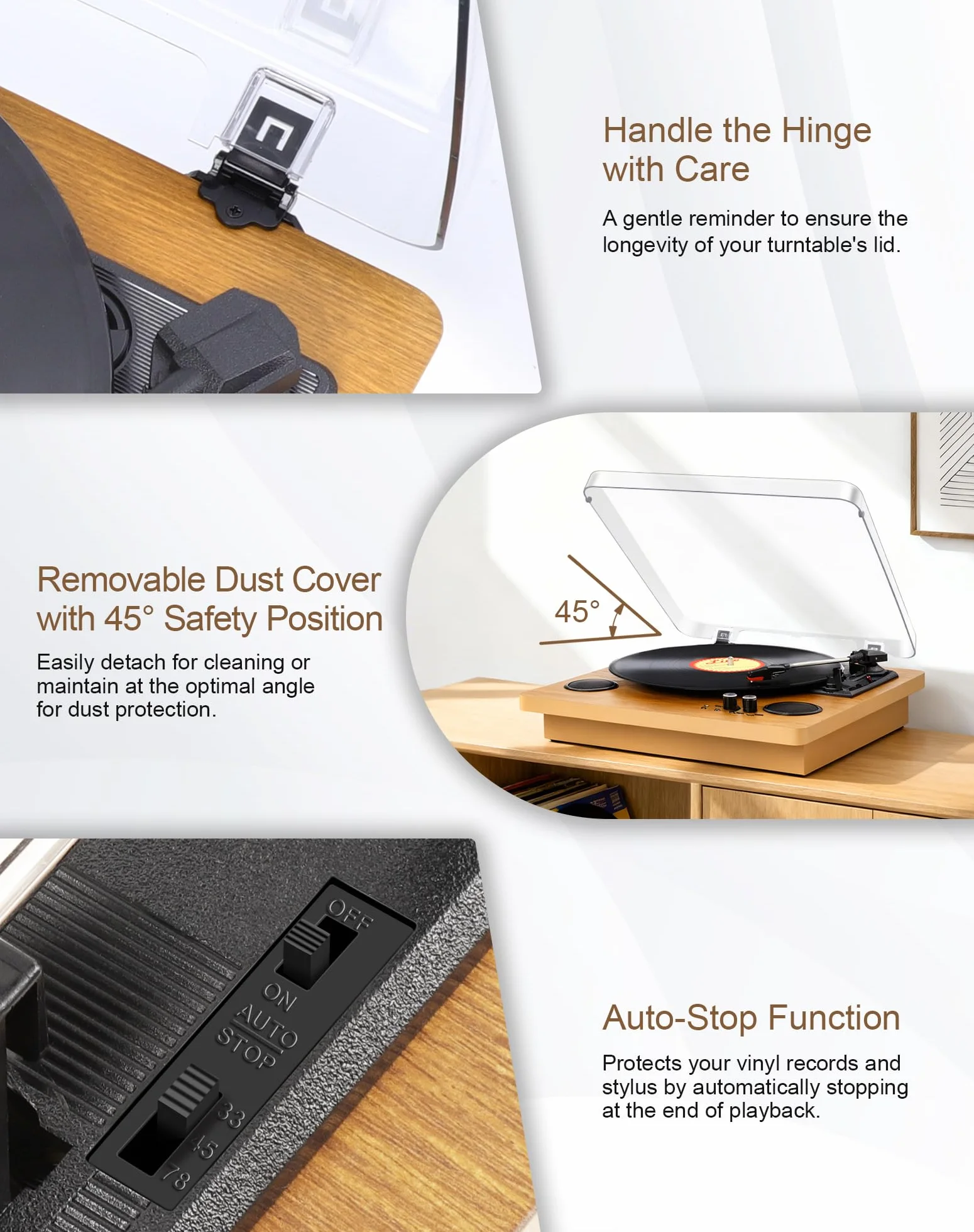 VIFLYKOO Gramofon Bluetooth 5.4,Gramofon z 2 Głośnikami Stereo, Bezprzewodowy 3-biegowy 33/45/78 obr./min, Retro Gramofony Obsługuje Wejście Słuchawkowe/Wejście AUX/Wyjście RCA/USB