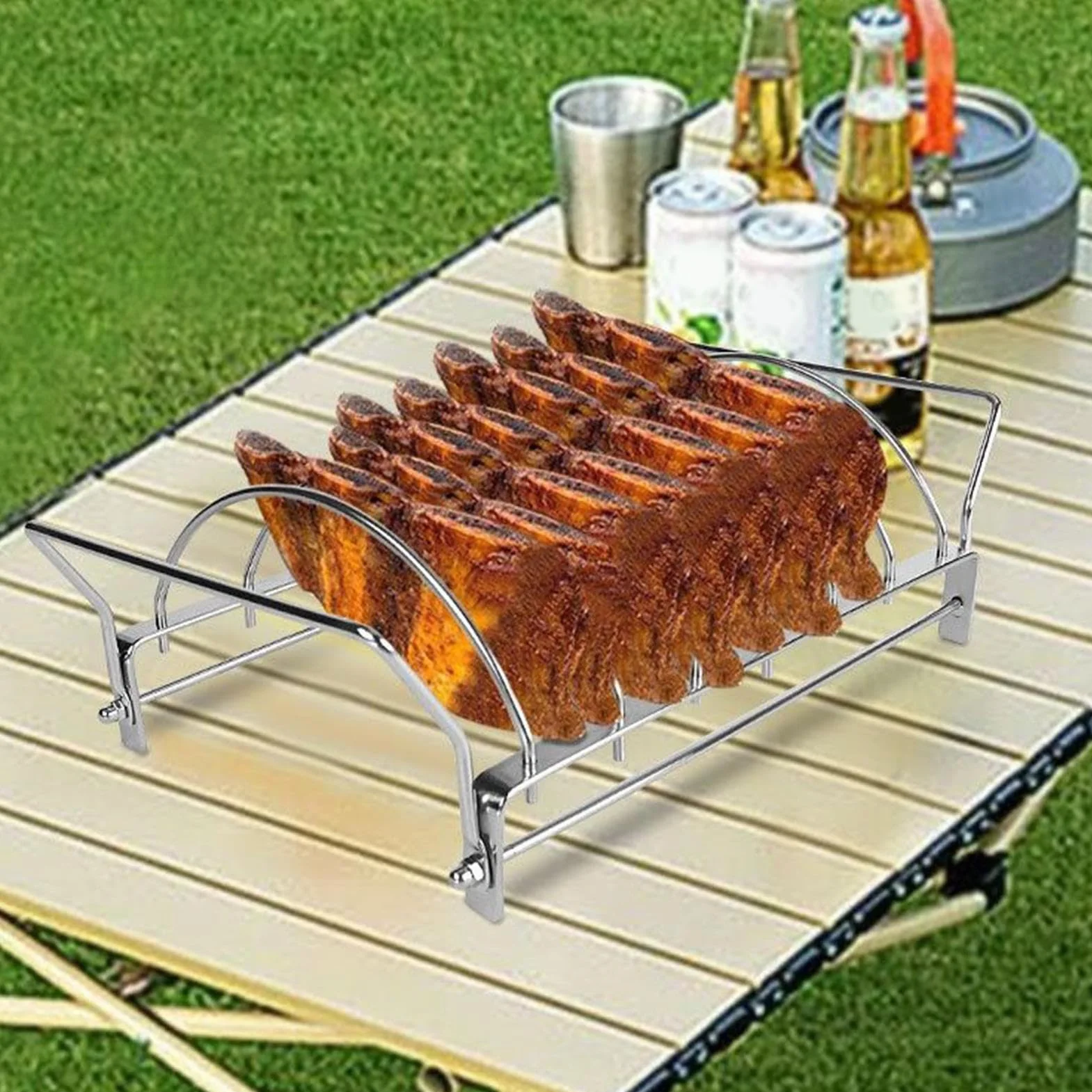 Stojak żeberkowy, stojak do grillowania ze stali nierdzewnej, 33 x 18 x 9 cm, pionowa konstrukcja szczelinowa, równomierna cyrkulacja ciepła, uchwyt do klasy spożywczej do wędzarni, akcesoria