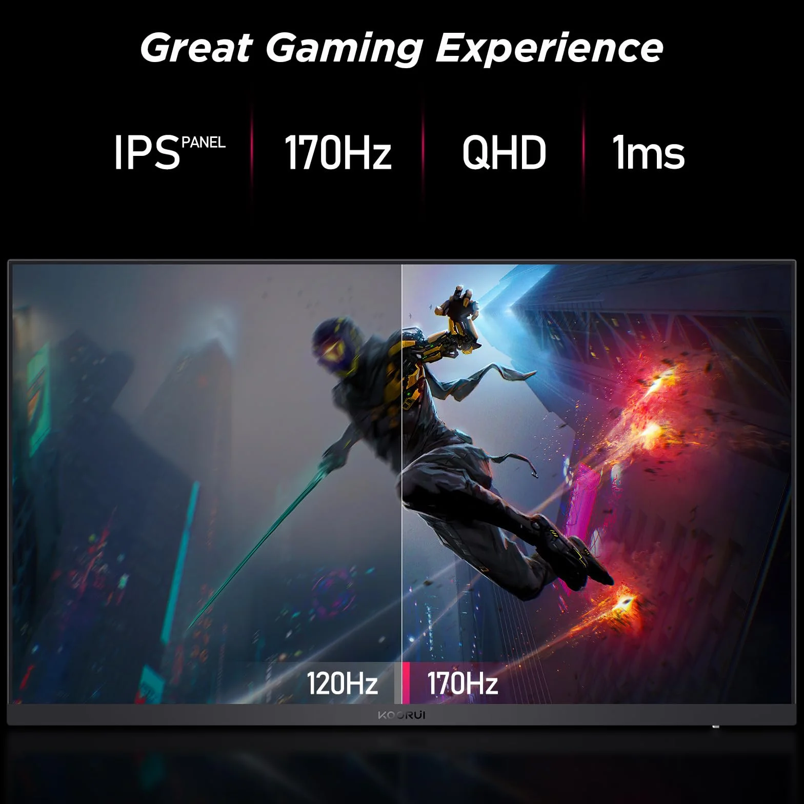 KOORUI Monitor gamingowy 27", ekran 2K, QHD (2560 x 1440), 170 Hz PC monitory FreeSync &G-Sync kompatybilny z (IPS, 1ms, 100% sRGB, Eye Care, 2 x HDMI, DisplayPort, DCI-P3 90%, VESA 75 x 75