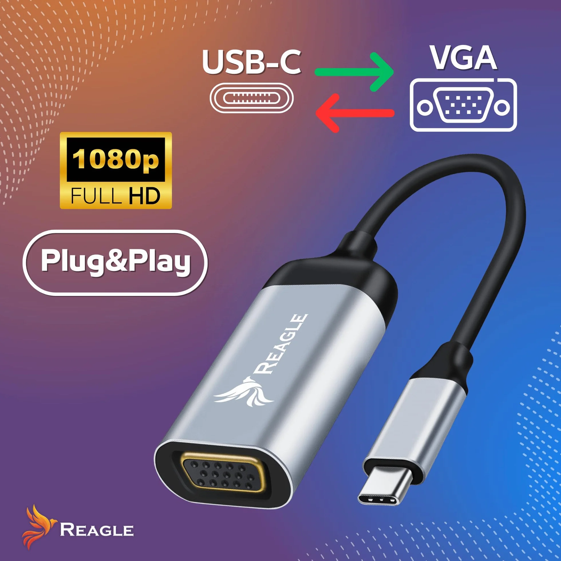 Reagle Adapter USB-C na VGA Full HD 1080p 60Hz USB Type-C 3.2 konwerter aluminiowa obudowa