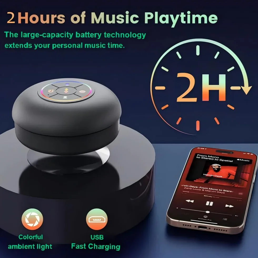 Głośnik Bluetooth Wodoodporny z Przyssawką i Światłem RGB - Przenośny Bezprzewodowy Stereo Basowy do Podróży, Łazienki, Prysznica i na Zewnątrz