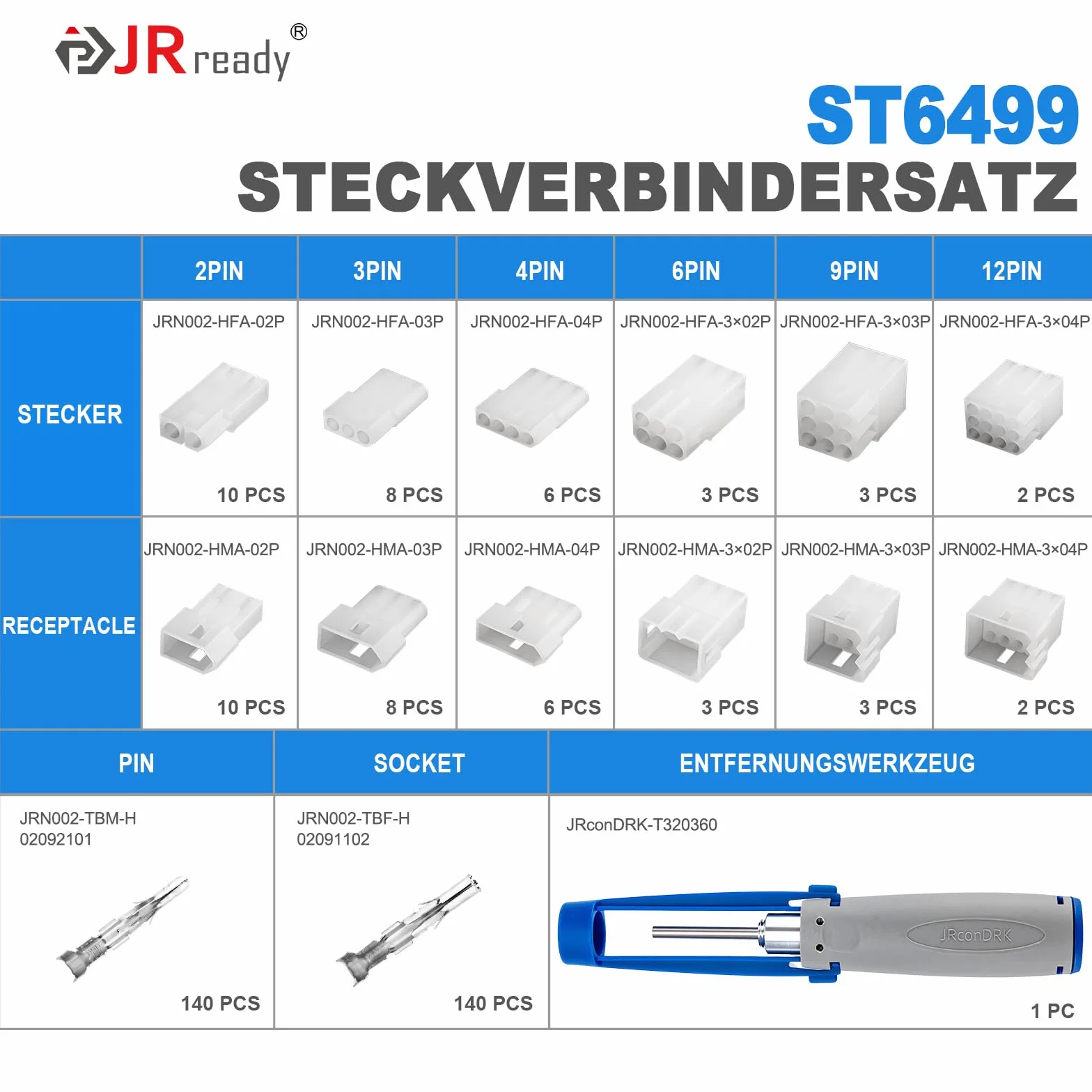 JRready ST6499 zestaw złączy samochodowych z wtyczką Molex, 2-12-biegunowe, styki zaciskowe, obudowa PA66, do instalacji samochodowych i elektrycznych – zestaw 345 części wraz z zestawem ściągaczy, do