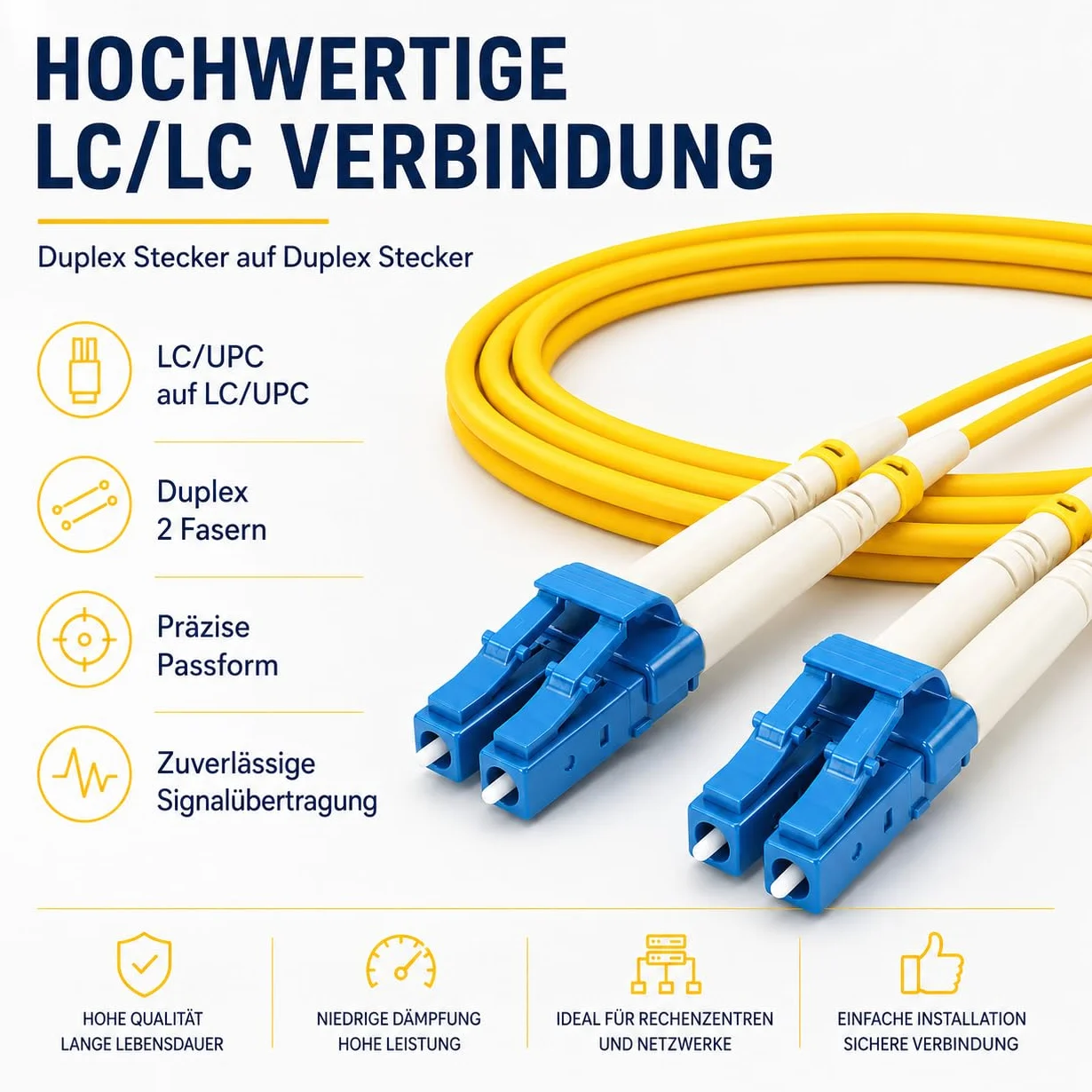 1aTTack.de 1 x 20 m OS1 / OS2 LWL DX DUPLEX kabel krosowy LC/UPC - LC/UPC SM SINGLEMODE - 9/125 µm LSZH żółty