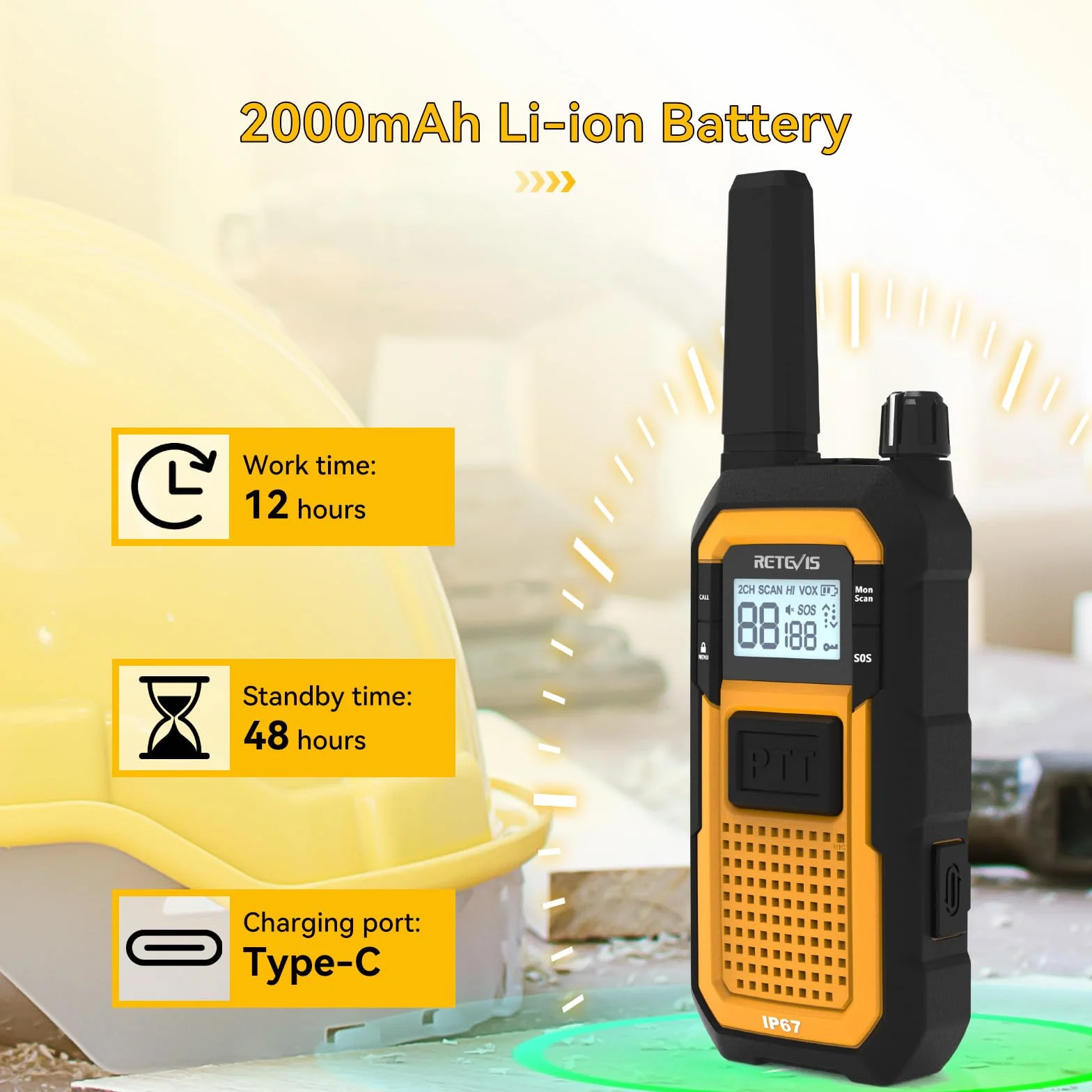 Retevis RB648 Walkie Talkie, IP67 Wodoodporne Radio Z 6-DrożNą łAdowarką, 2000mAh, Podwójny PTT, Wibracja VOX, Wytrzymałe Walkie Talkie dla Dorosłych, Miejsca Pracy, Przemysłowe (6 Szt., Żółty)