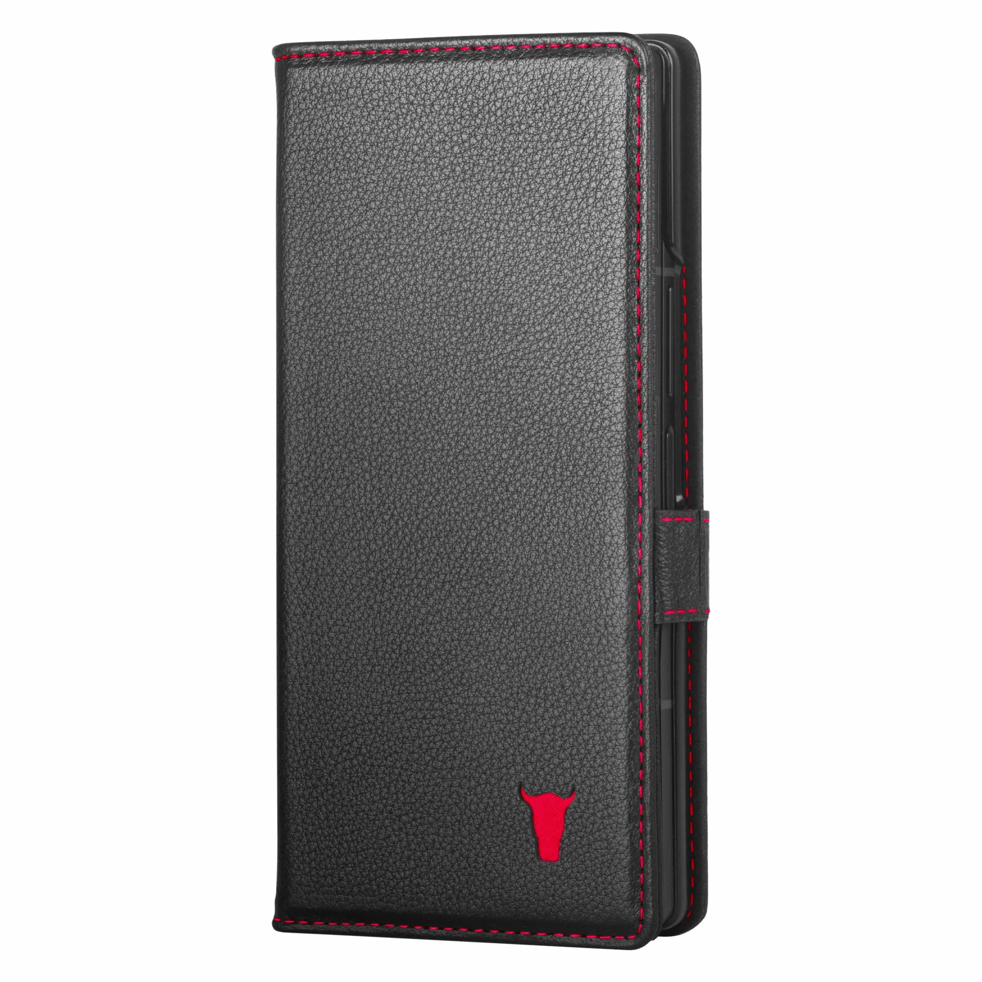 TORRO Etui kompatybilne z Samsung Galaxy Z Fold7 2025 – Premium skórzane etui portfelowe z funkcją stojaka i przegródkami na karty (czarne z czerwonymi detalami)
