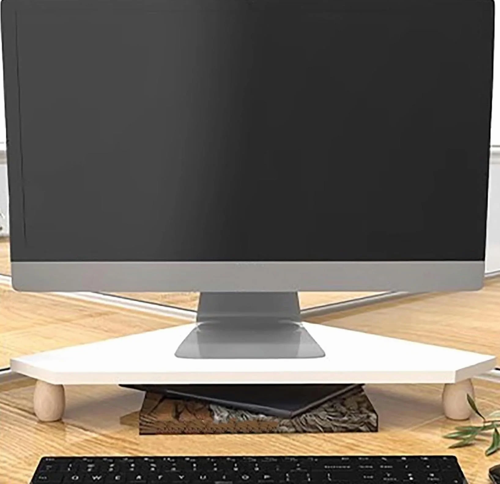 Drewniany biały narożny stojak na monitor, trójkątny organizer na komputer, klasa, sala konferencyjna, narożny stojak do przechowywania, ergonomiczne półki na monitor do organizacji biura