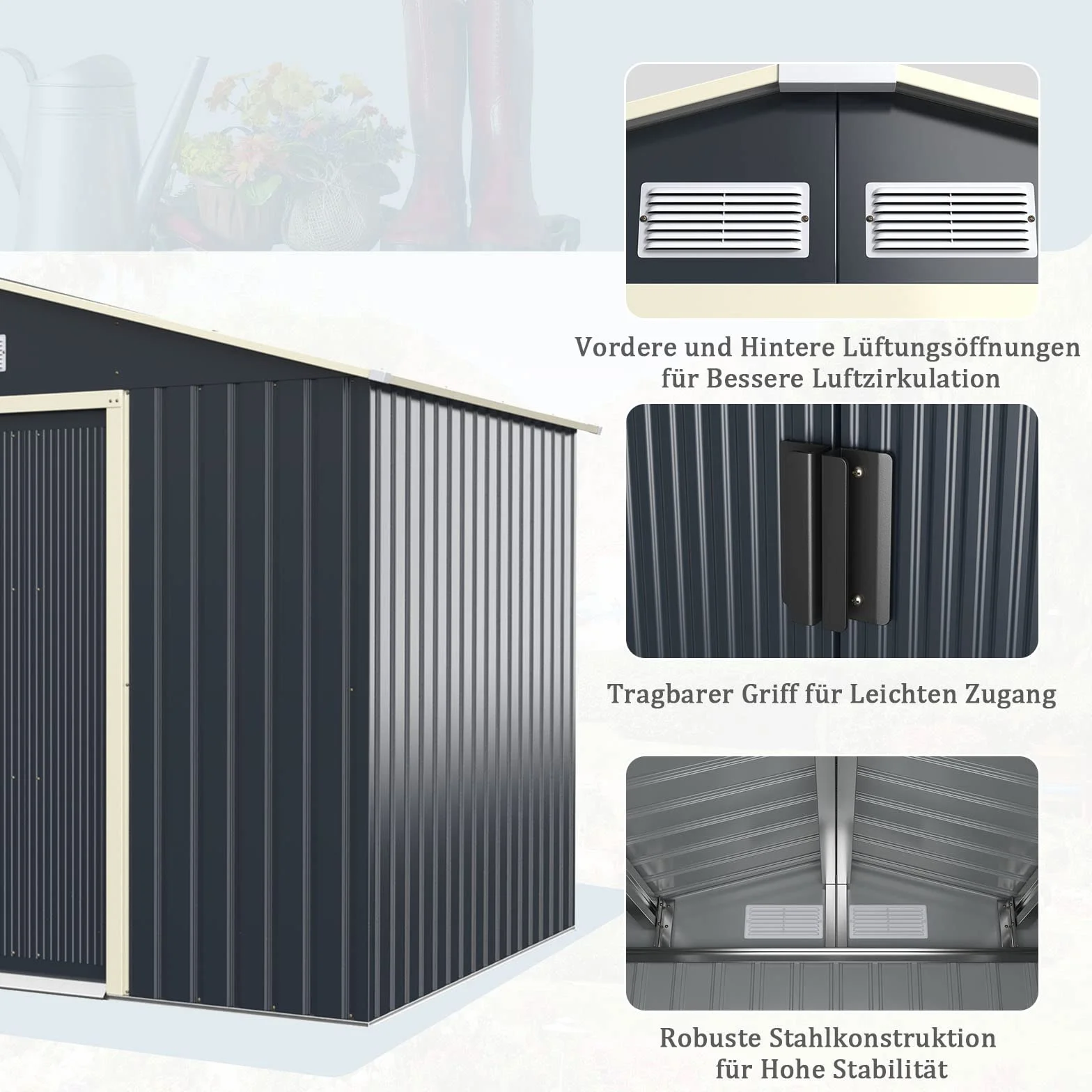 GOPLUS metalowy domek na narzędzia 7,06 m² 277 x 255 x 202 cm z drzwiami przesuwnymi dachem dwuspadowym