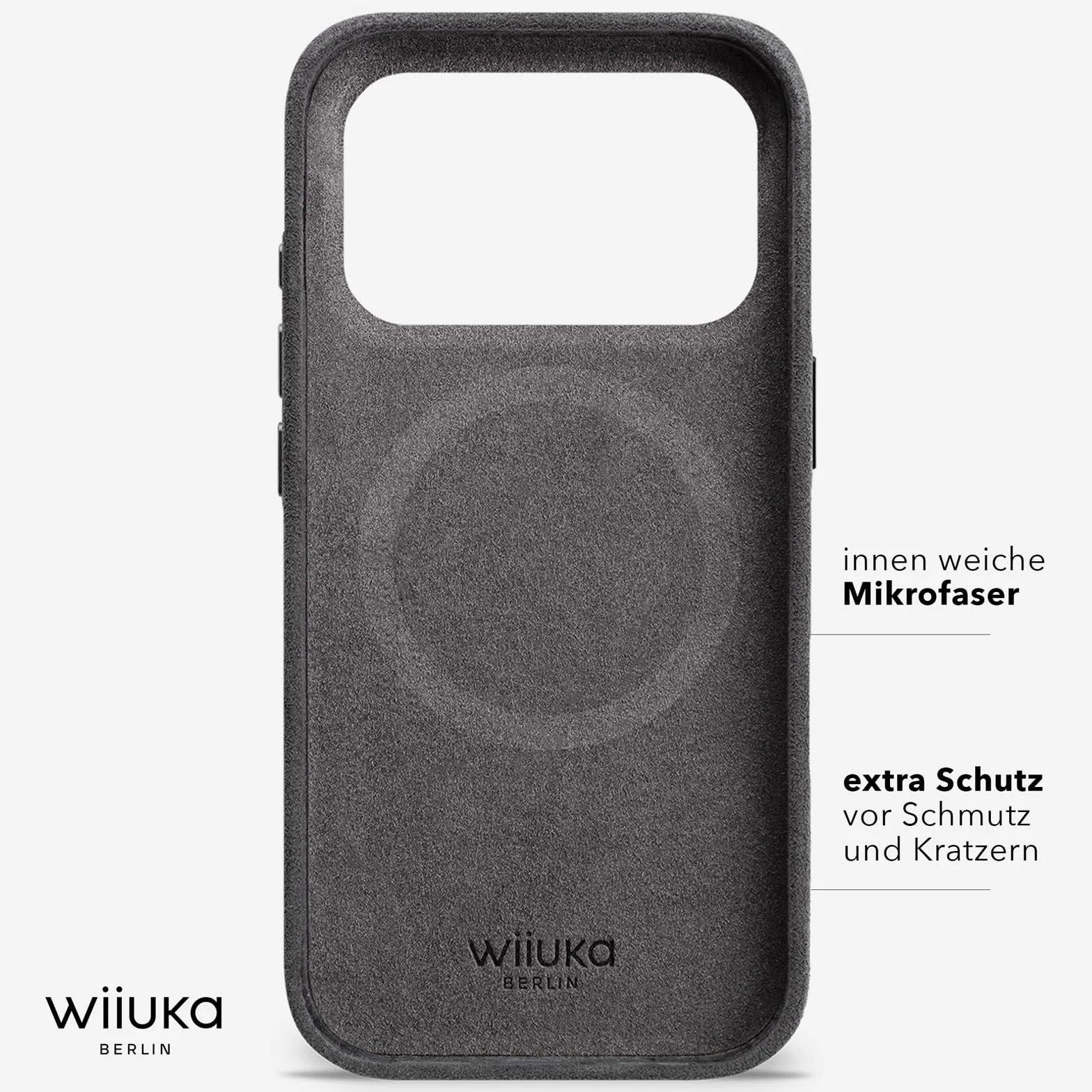 WIIUKA Etui do iPhone 17 Pro, oryginalne Alcantara, ręcznie wykonane, ochrona 360°, wyjątkowo smukłe, etui na telefon komórkowy, etui, Qi, alternatywa dla skóry, skiin VL Alcantara, Mystery Grey