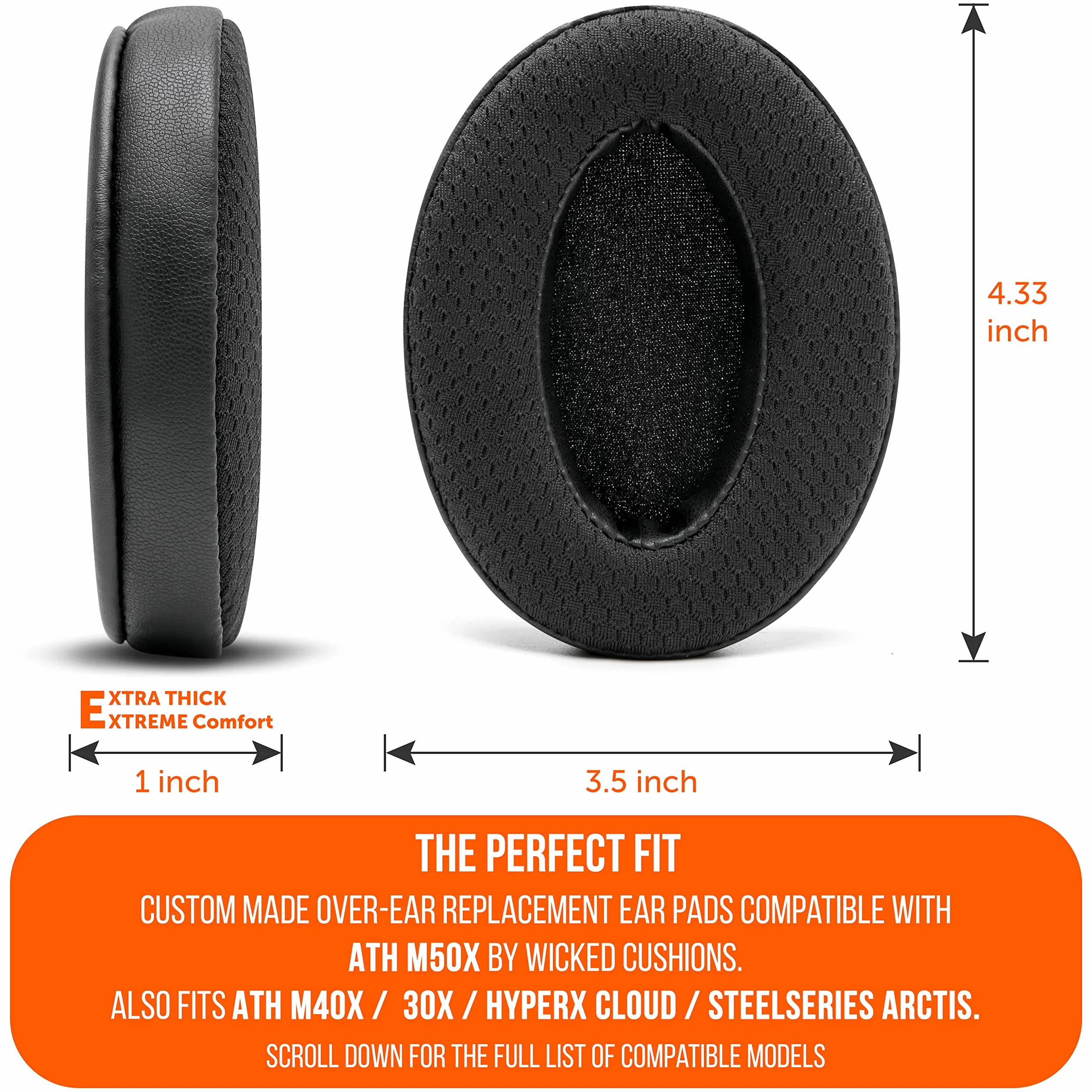 WC FreeZe Hybrid Fabric Cooling Gel Replacement Earpads for ATH M50X - kompatybilne z ATH M40X / M50XBT / HyperX Cloud 1 i 2 / SteelSeries Arctis 3/5 / 7 / 9X & Pro/Stealth 600 i innymi (czarne)