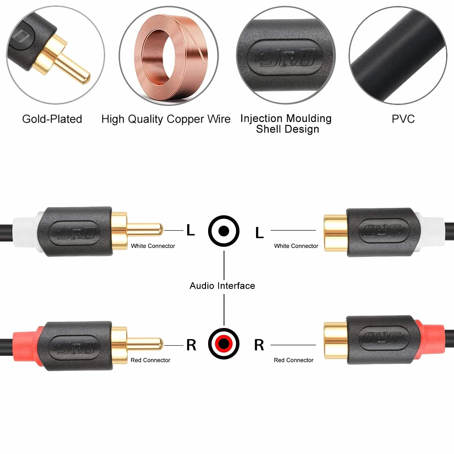 J&D Przedłużacz RCA, pozłacany kabel audio z serii 2, męski na żeński kabel audio stereo do głośnika, wzmacniacza, miksera, telewizora, 2,7 m