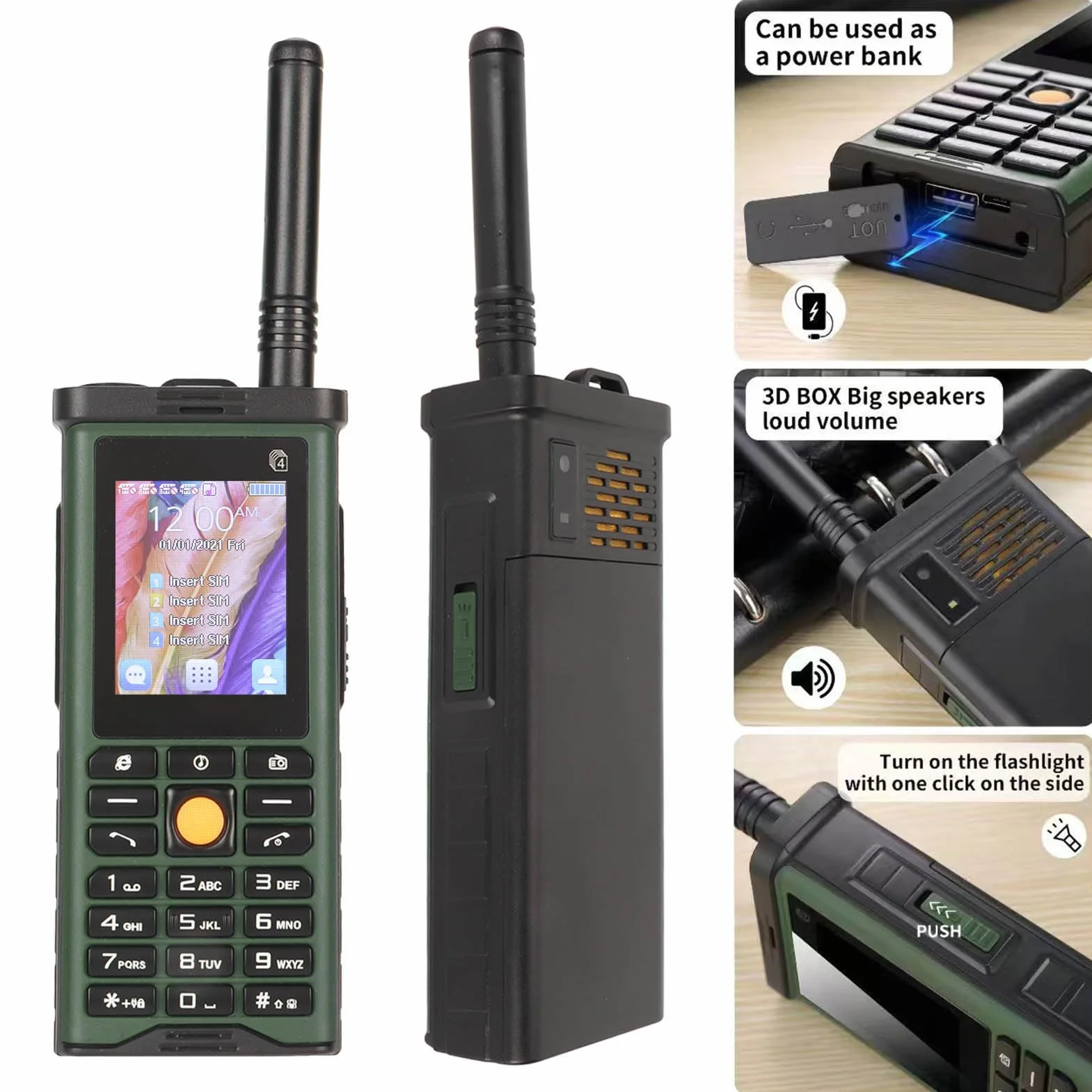 SG8800 wytrzymały telefon dla osób starszych 4 karty SIM 4 czuwanie starszy telefon komórkowy duży przycisk czysty dźwięk 10000 mAh retro obsługa telefonu latarka Bluetooth (zielona)