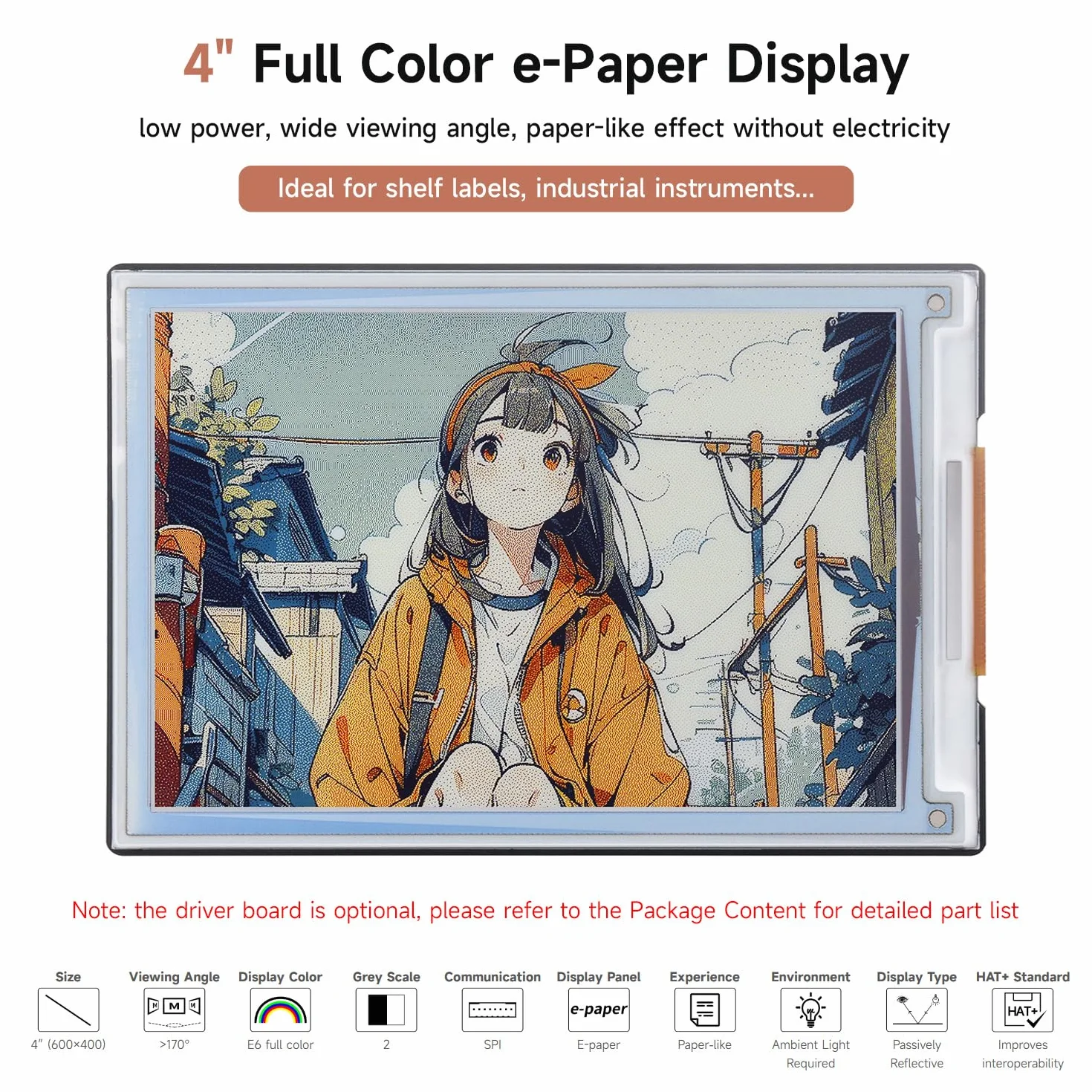 Waveshare 4inch e-Paper E6(Spectra 6) Full-Color Supports HAT+Standard e-Ink Screen Module 600 x 400 Pixels SPI Communication, Low Power Consumption, Wide Viewing Angle