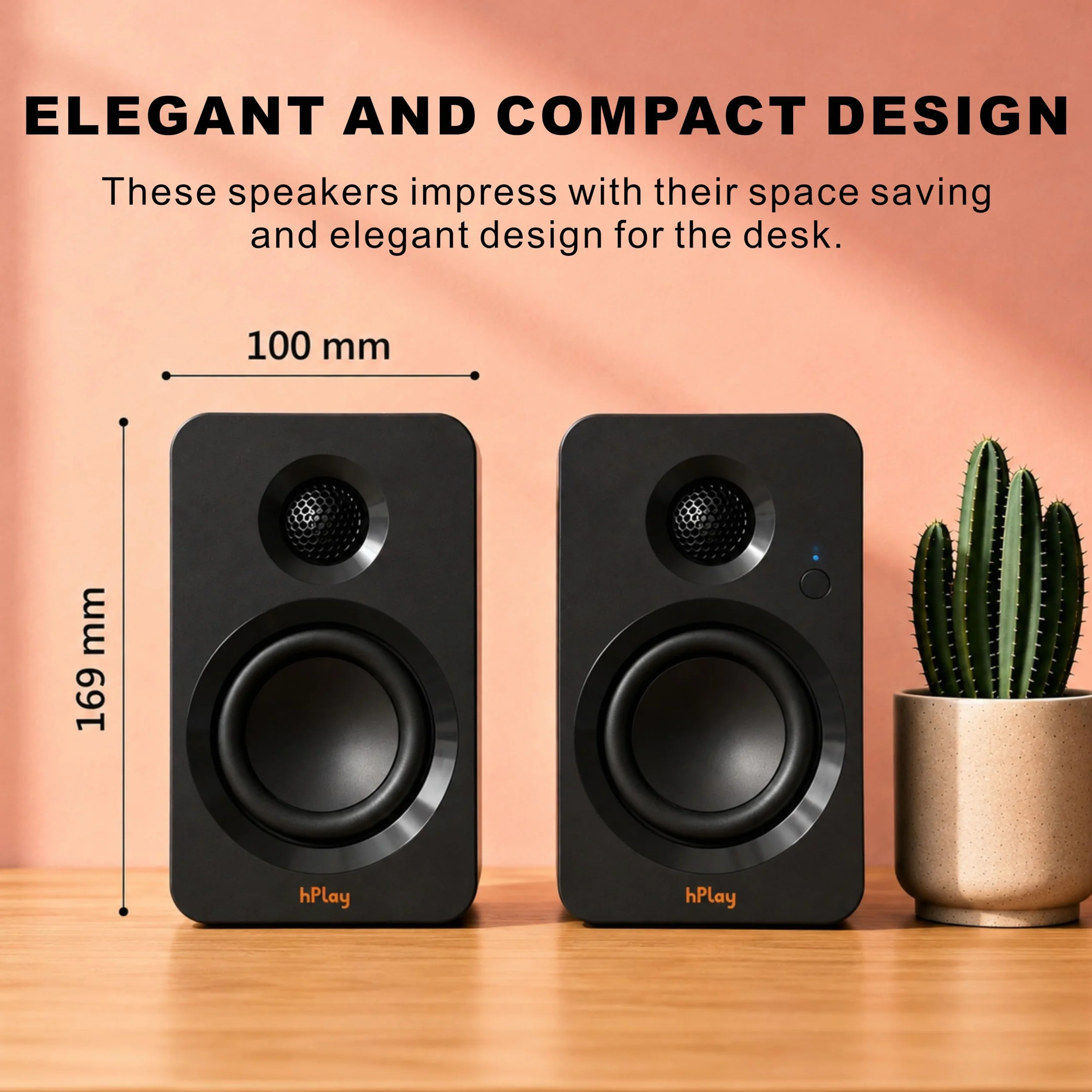 hPlay BS32B głośnik aktywny – 60 W głośnik PC z Bluetooth 5.3, karta dźwiękowa USB-C, wyjście subwoofera i pilot zdalnego sterowania, płyta absorbująca, kompaktowe głośniki regałowe (czarny)
