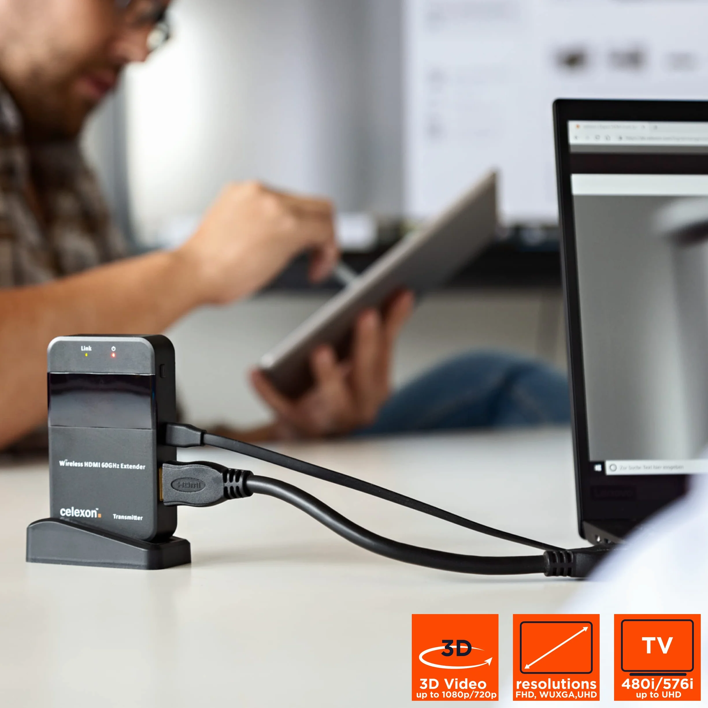 celexon Expert Zestaw radiowy HDMI WHD30M bezprzewodowa transmisja multimediów do 30 m - Rozdzielczość 4K UHD - 3D, WiHD 1.1, Dolby True HD, DTS-HD, LPCM...