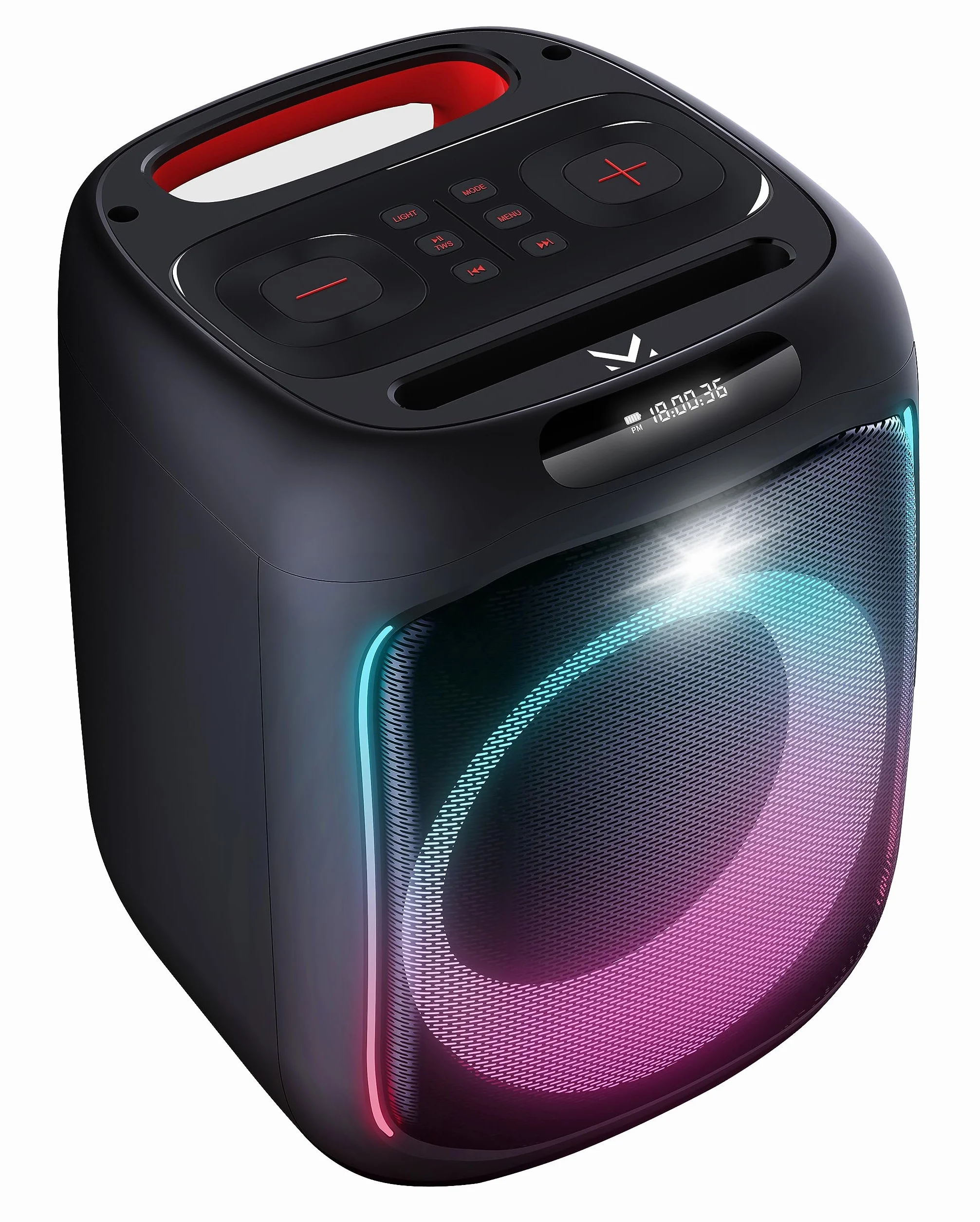 Majestic FIRE 12 głośnik Bluetooth, wielokolorowe diody LED, wejścia USB/microSD/AUX-IN/MIC, mikrofon przewodowy, akumulator, TWS, uchwyt do noszenia