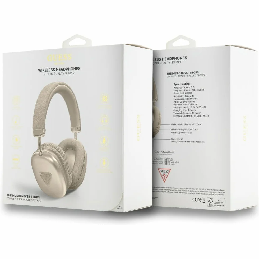 CG MOBILE Guess Bluetooth 5.3 słuchawki nauszne z metalicznym logo trójkątnym (złote)