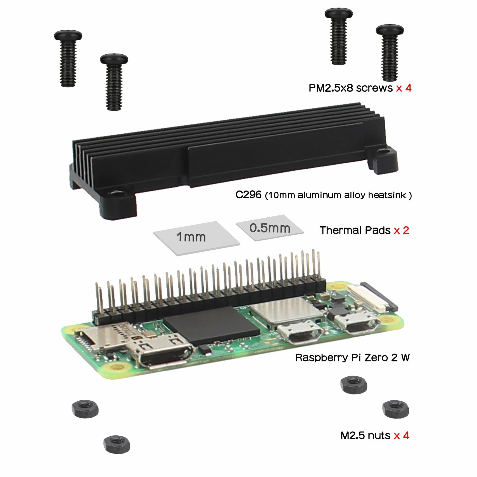 Geekworm Raspberry Pi Zero 2 W Radiator, akcesoria do grzejników ze stopu aluminium 10 mm (C296)