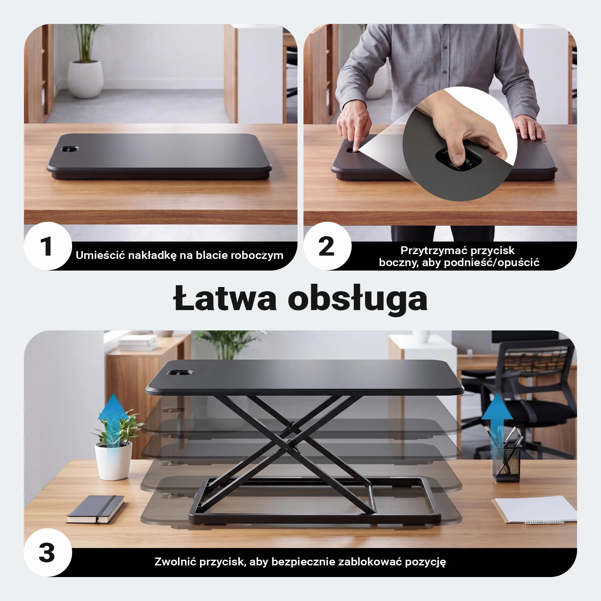 Wiltec Nadstawka na biurko z regulacją wysokości 67x47cm, funkcjonalna podstawka pod monitor, ergonomiczna nakładka regulowana do pracy siedząco-stojącej