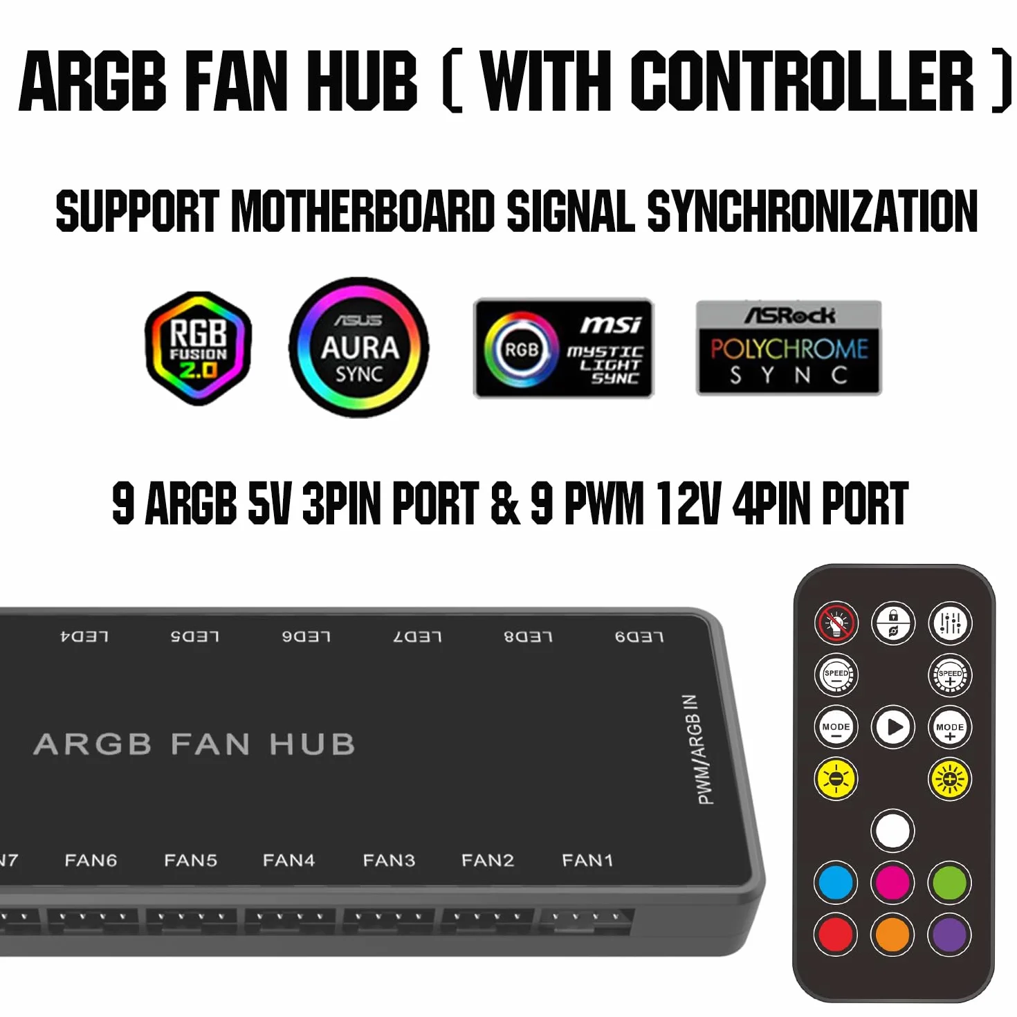 ARGB PWM koncentrator wentylatora, adresowalny 5V 3PIN ARGB 12V 4Pin PWM obudowa 2 w 1 RGB Hub wentylatora z kontrolerem i wejściem zasilania SATA, 9 portów dla wentylatorów i 9 portów dla diod LED,