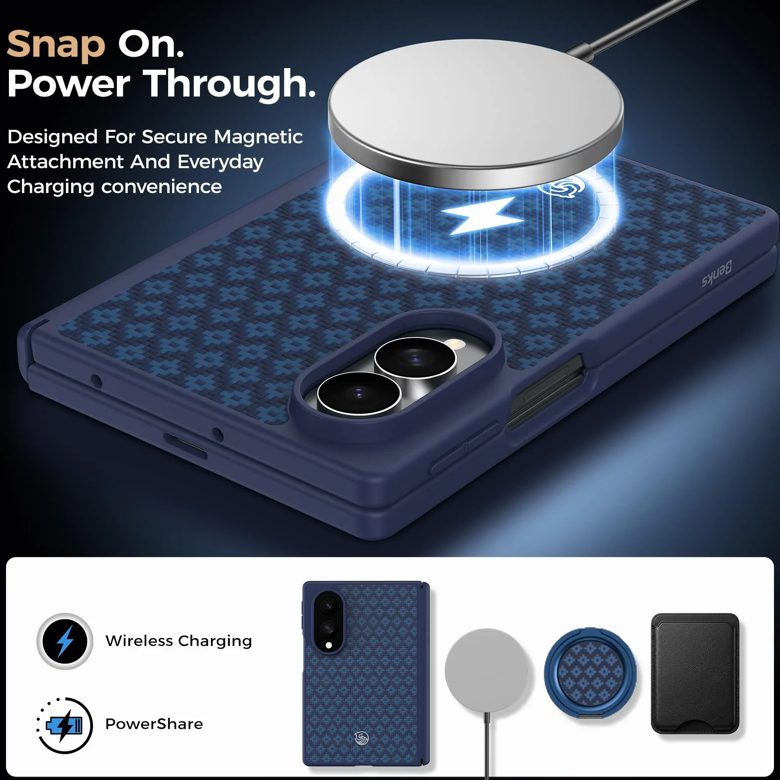 BENKS Magnetyczne Etui do Samsung Galaxy Z Fold 8 Wstrząsy Etui | Z Ochroną Zawiasu i folią Ochronną na Ekran, Wykonane z włókna Kevlar i TPU, Ochrona Przed Upadkiem Klasy Wojskowej