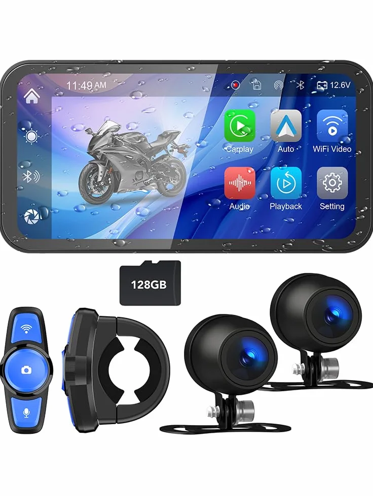 Przenośny rejestrator motocyklowy, 15.9 cm bezprzewodowy ekran dotykowy CarPlay i Android Auto z kamerą samochodową 1080P HD z przodu i z tyłu, podwójny Bluetooth, karta TF 128 GB