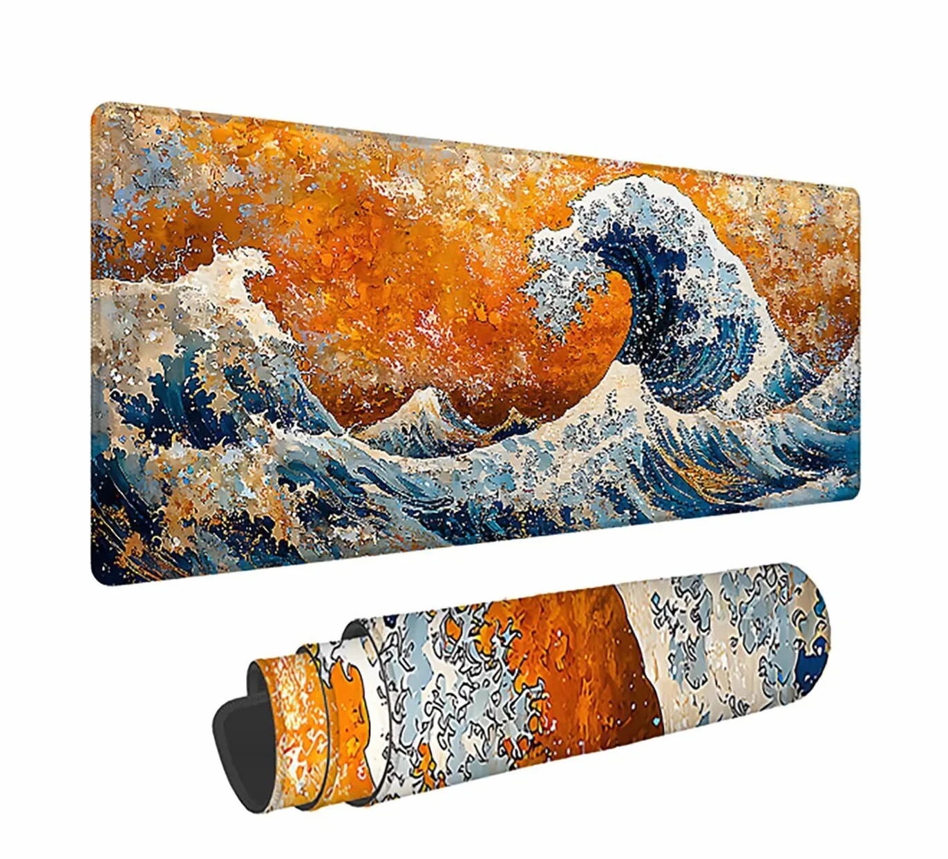 Podkładka pod mysz XXL, fale dla graczy, duża podkładka pod mysz 1600 x 800 x 3 mm, retro podkładka pod mysz ze szwami na krawędziach, ponadwymiarowa, antypoślizgowa gumowa podkładka pod mysz, idealna