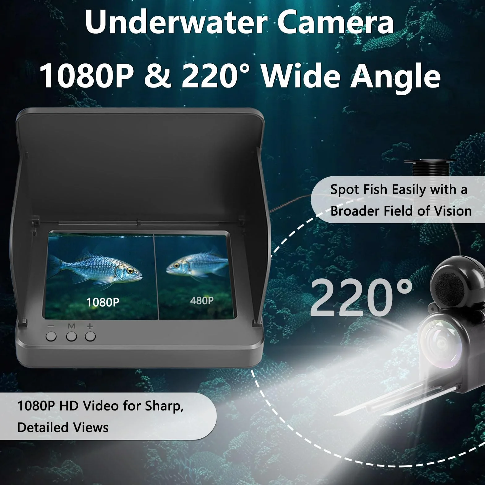 Podwodna kamera wędkarska z wyświetlaczem 4,3", przenośny FishFinder z noktowizorem, szeroki kąt widzenia 195°, FHD, wodoszczelność IP67, kabel 20 m – do łowienia na lodzie, rzece i łodzi