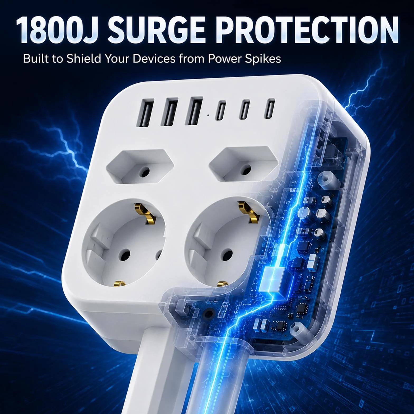 Przedłużenie gniazdka wtykowego, wysuwane, 45-65 cm, rozszerzalna listwa zasilająca | Z 3 USB-C i USB-A, obracany o 360° do sofy, łóżka, biurka, płaskiego gniazdka z ochroną przed przepięciem