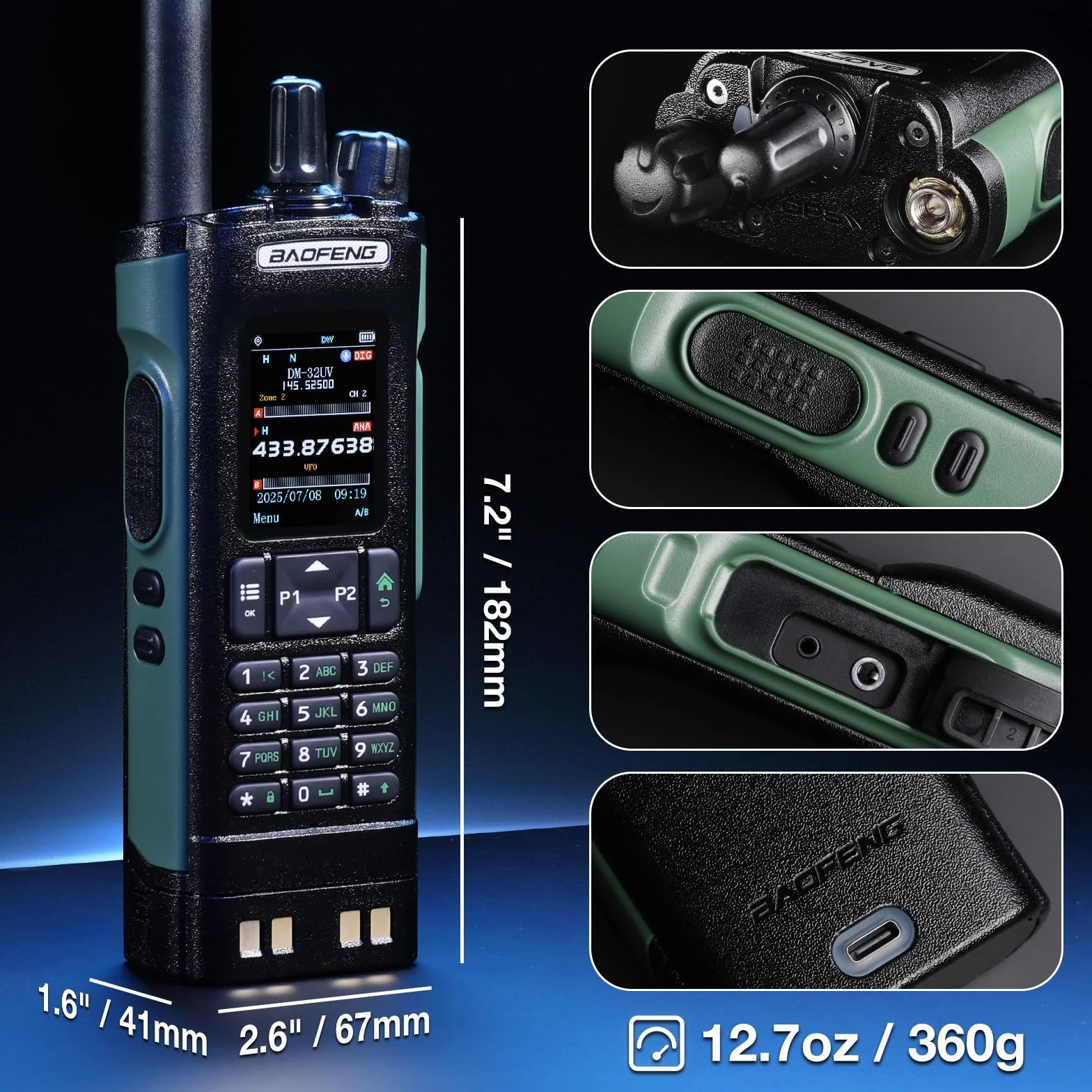 BAOFENG DM-32UV 10W DMR radio, UHF/VHF/AM/FM z GPS i cyfrowym APRS, podwójne gniazdo Tier II, kolorowy wyświetlacz 2", 4000 kanałów, styki 50 K, uchwyt na walizkę, zielony